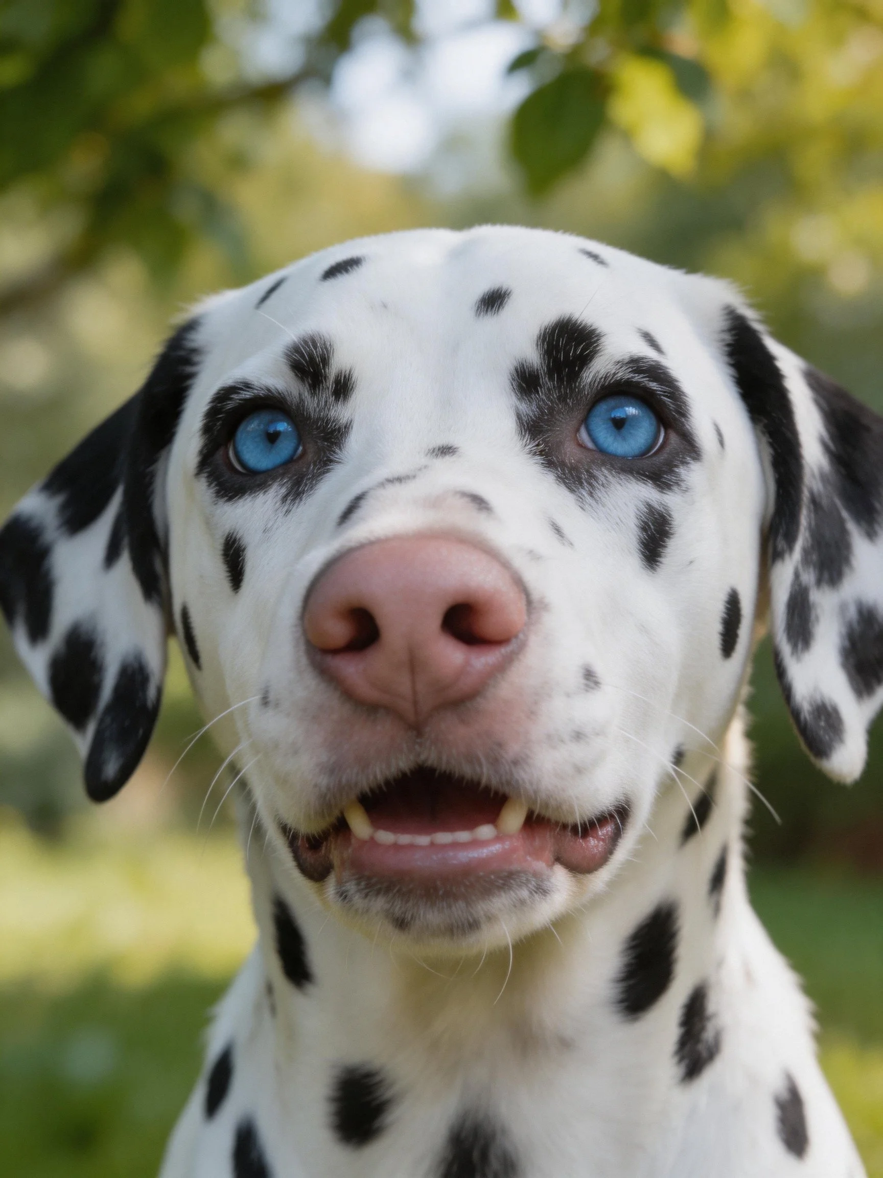 A Dalmatian dog with bright blue eyes and black spots