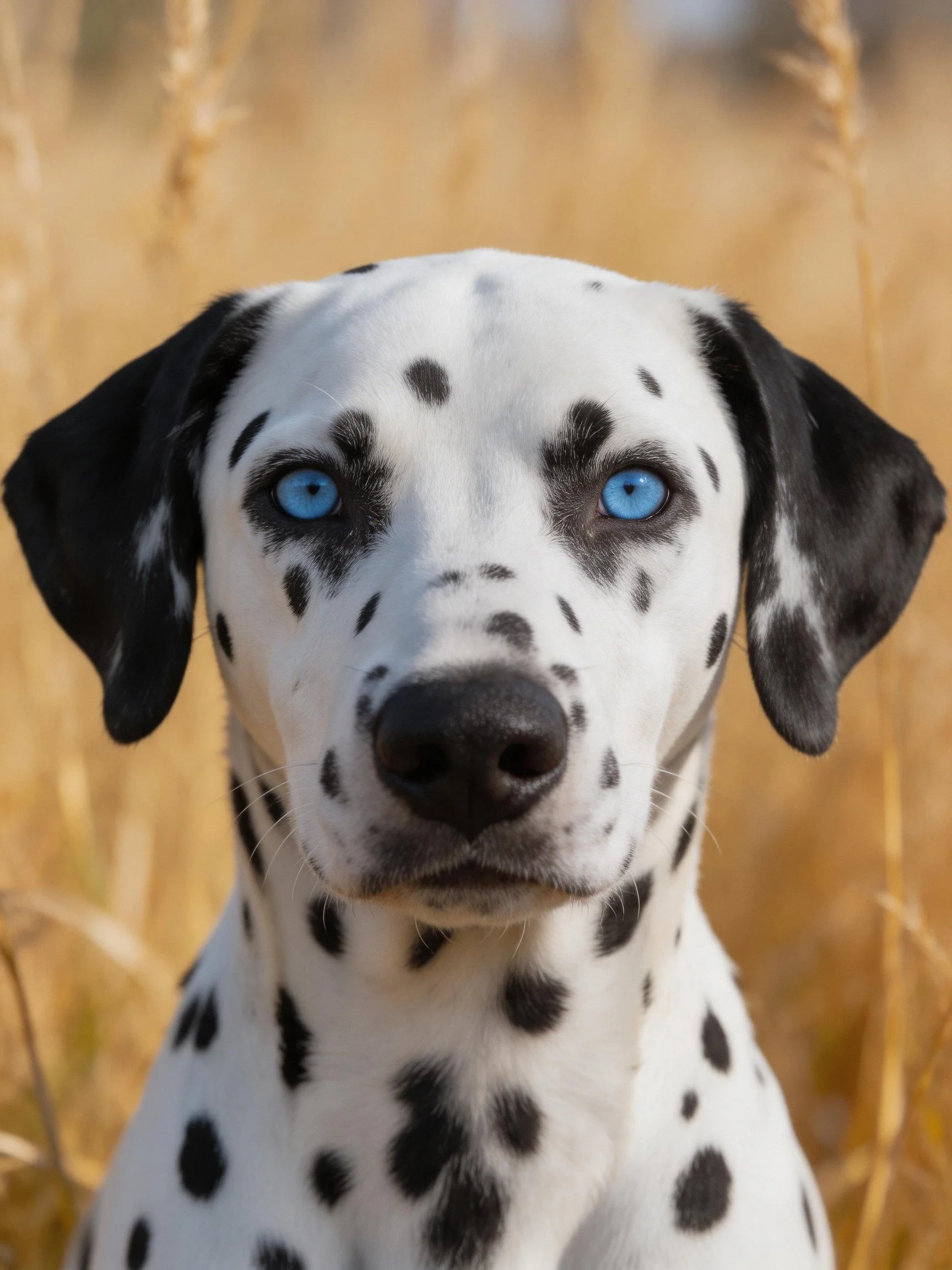 A Dalmatian dog with bright blue eyes in a golden field