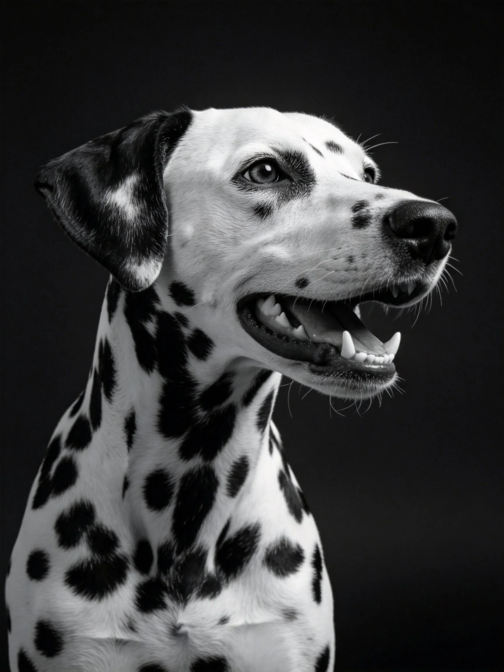 A Dalmatian dog with distinct black spots on white fur