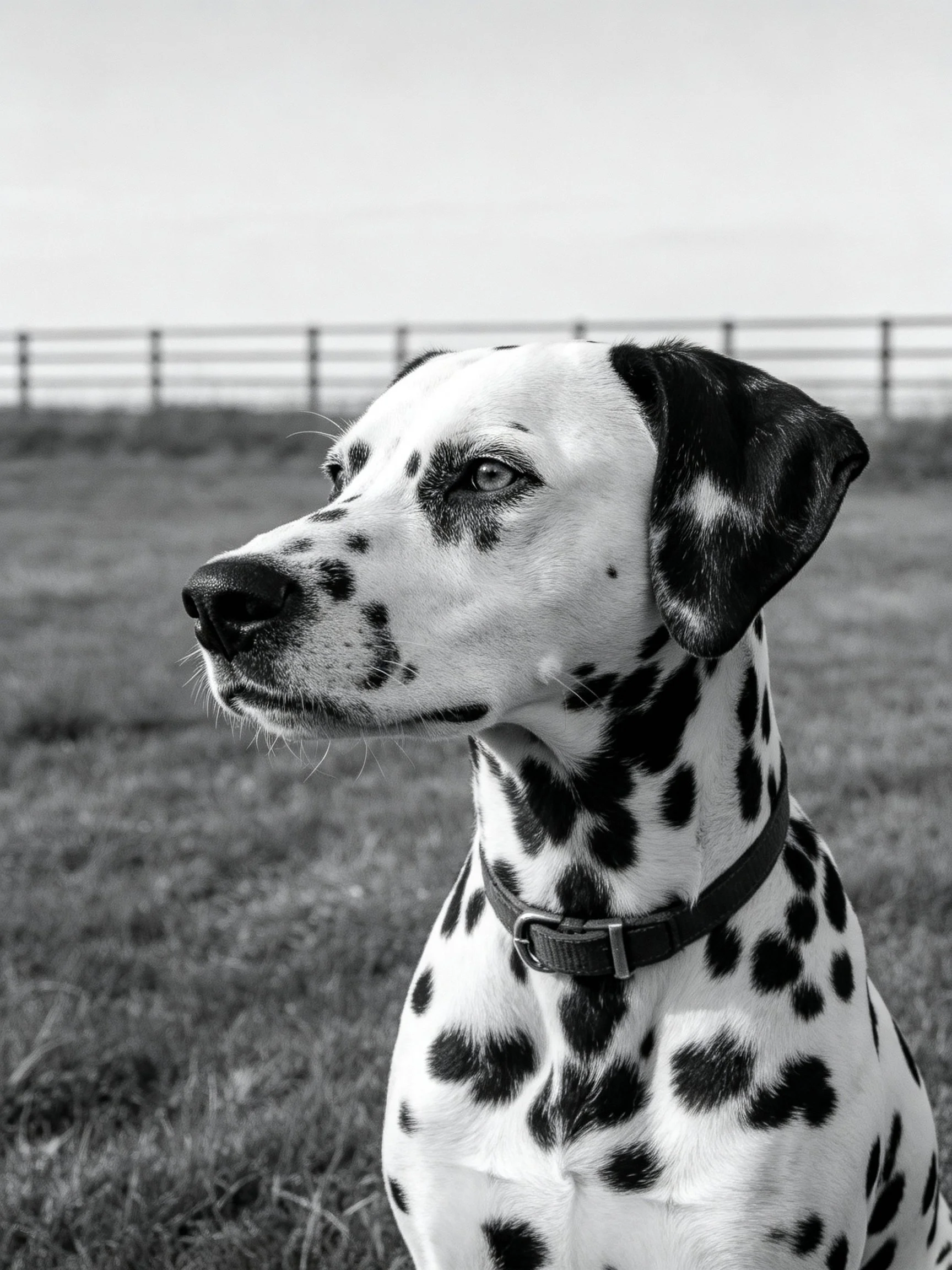 A Dalmatian dog with distinctive spotted coat in an outdoor field