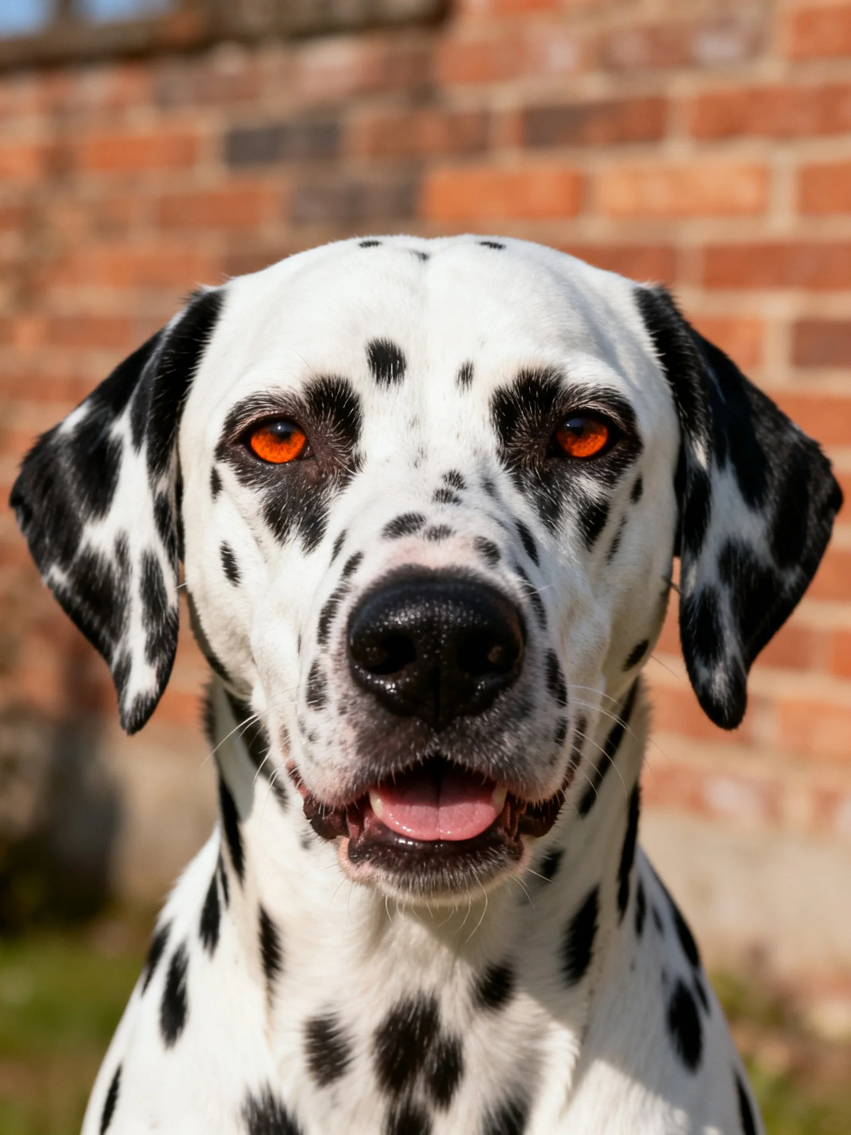 A Dalmatian dog with orange eyes near a brick wall