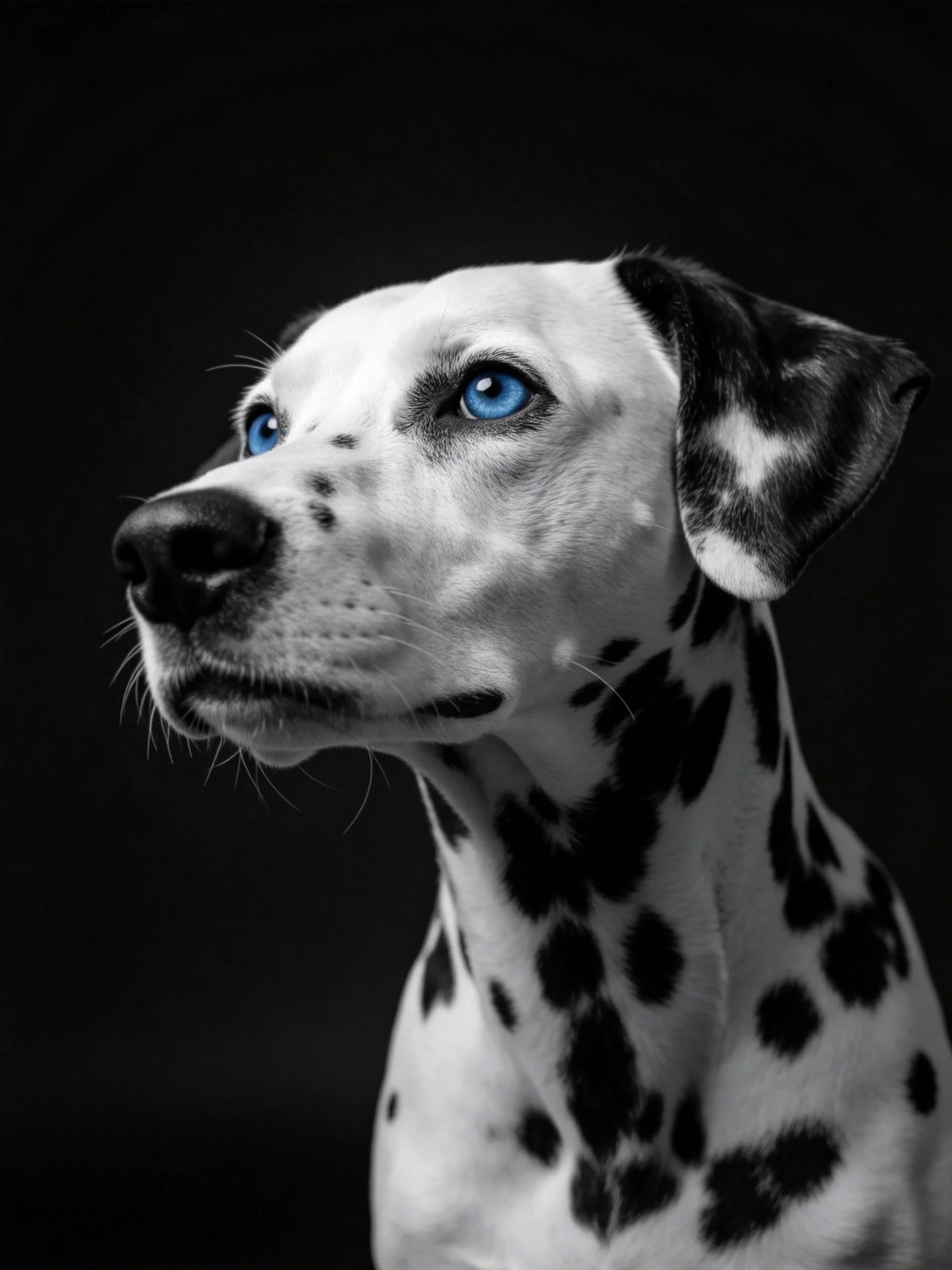 A Dalmatian dog with vivid blue eyes and distinctive black spots
