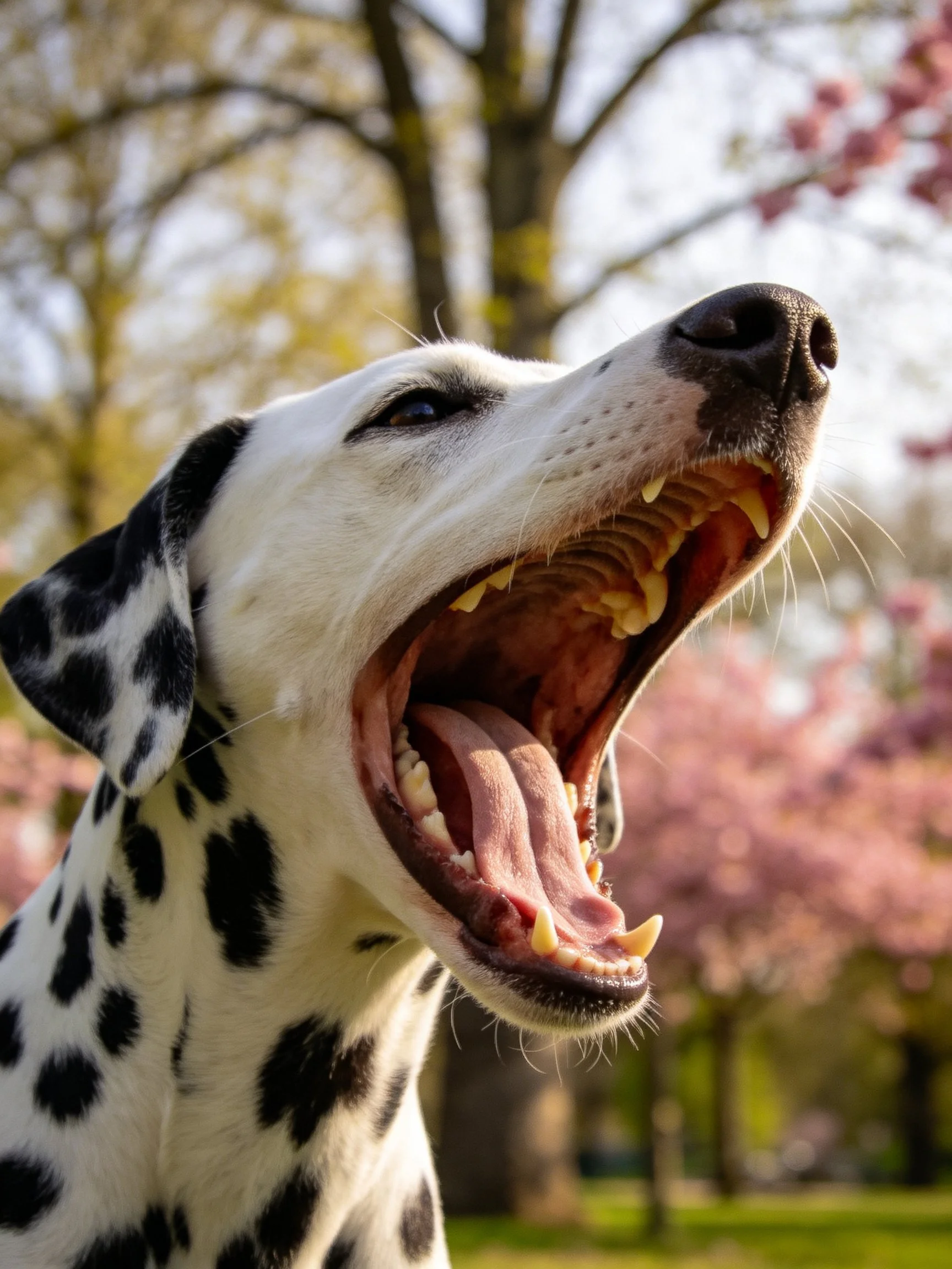 A Dalmatian dog yawning in a flowered park setting