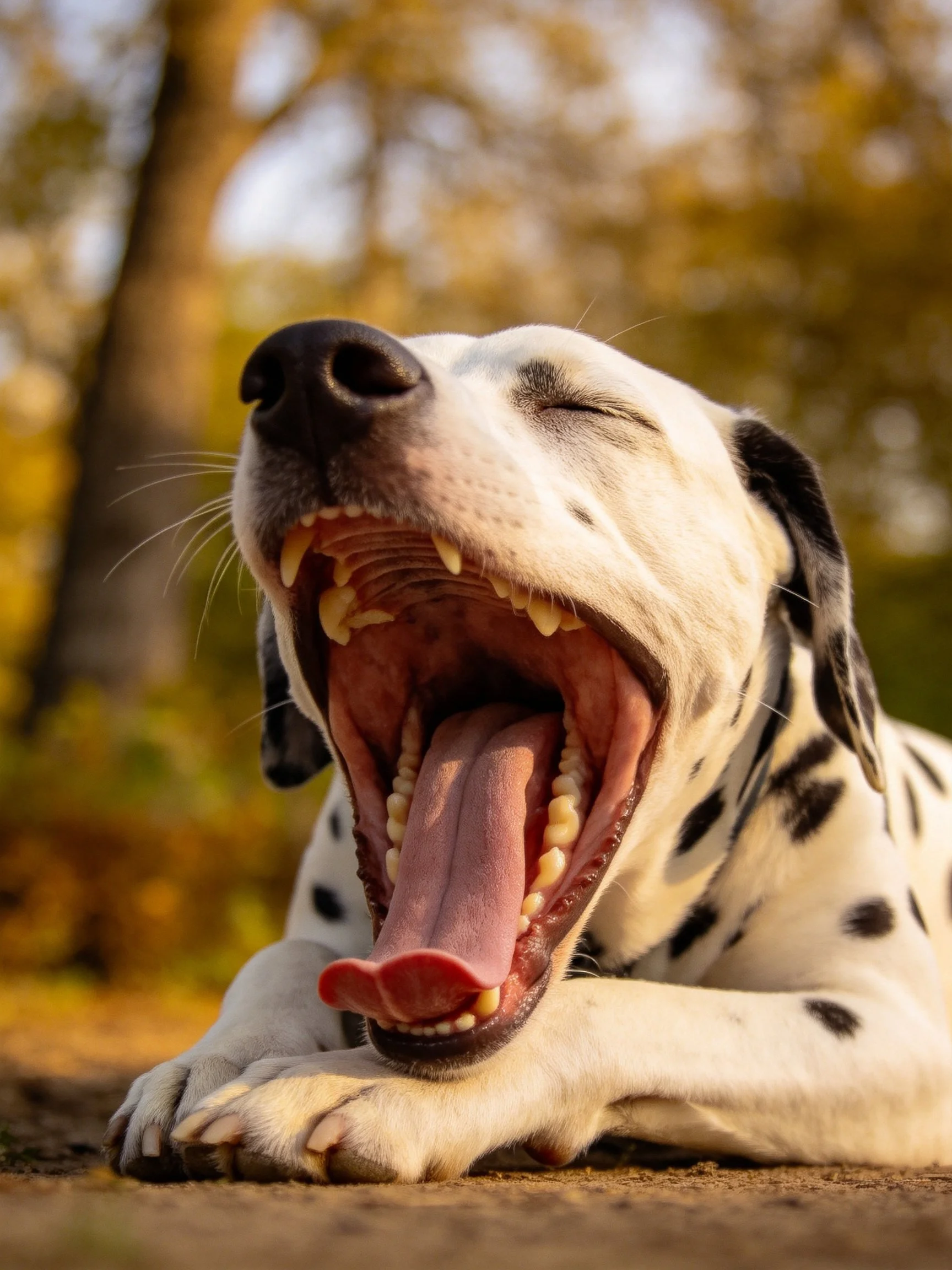 A Dalmatian dog yawning with open mouth outdoors