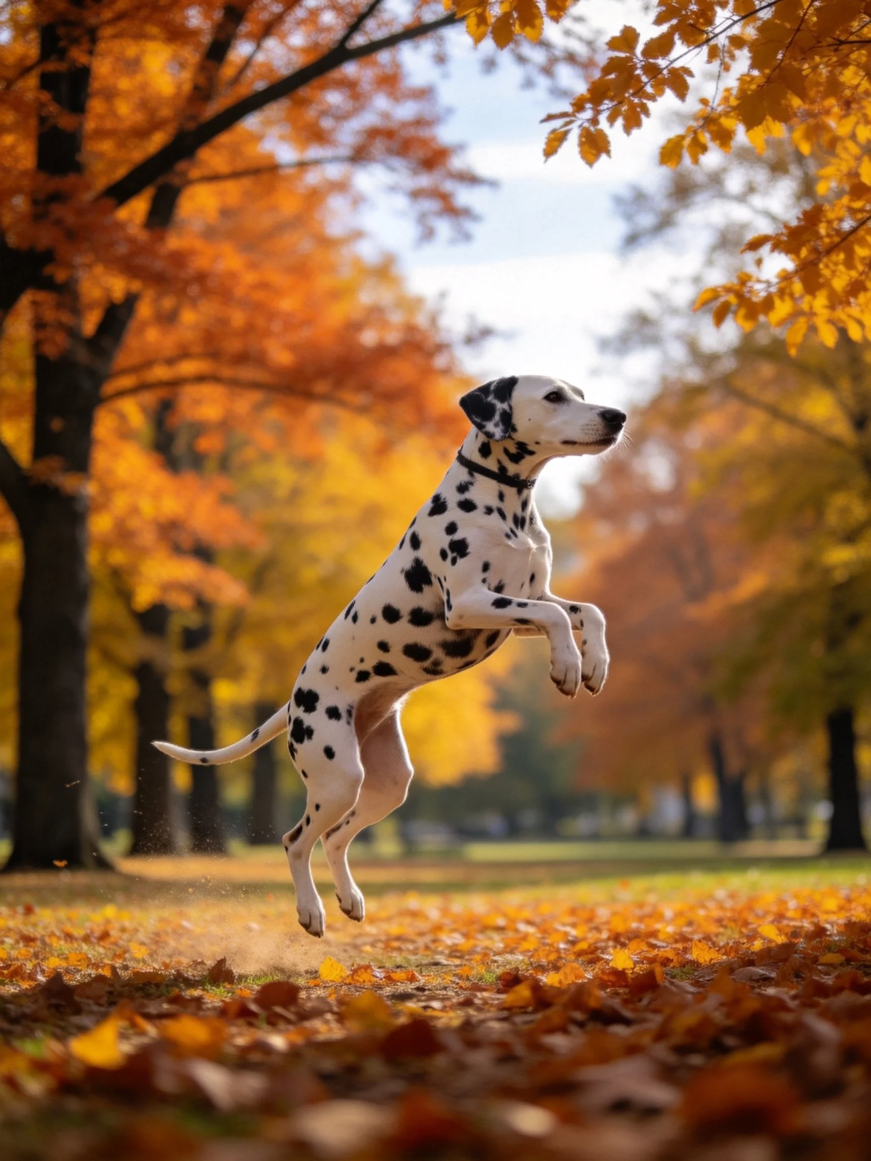 A Dalmatian leaps amid golden autumn foliage and scattered leaves