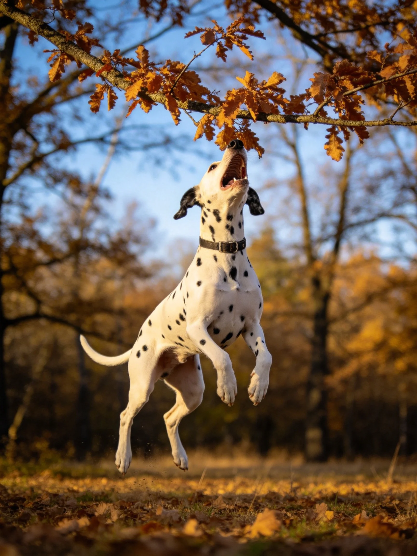 A Dalmatian leaps toward golden oak branches in an autumn forest