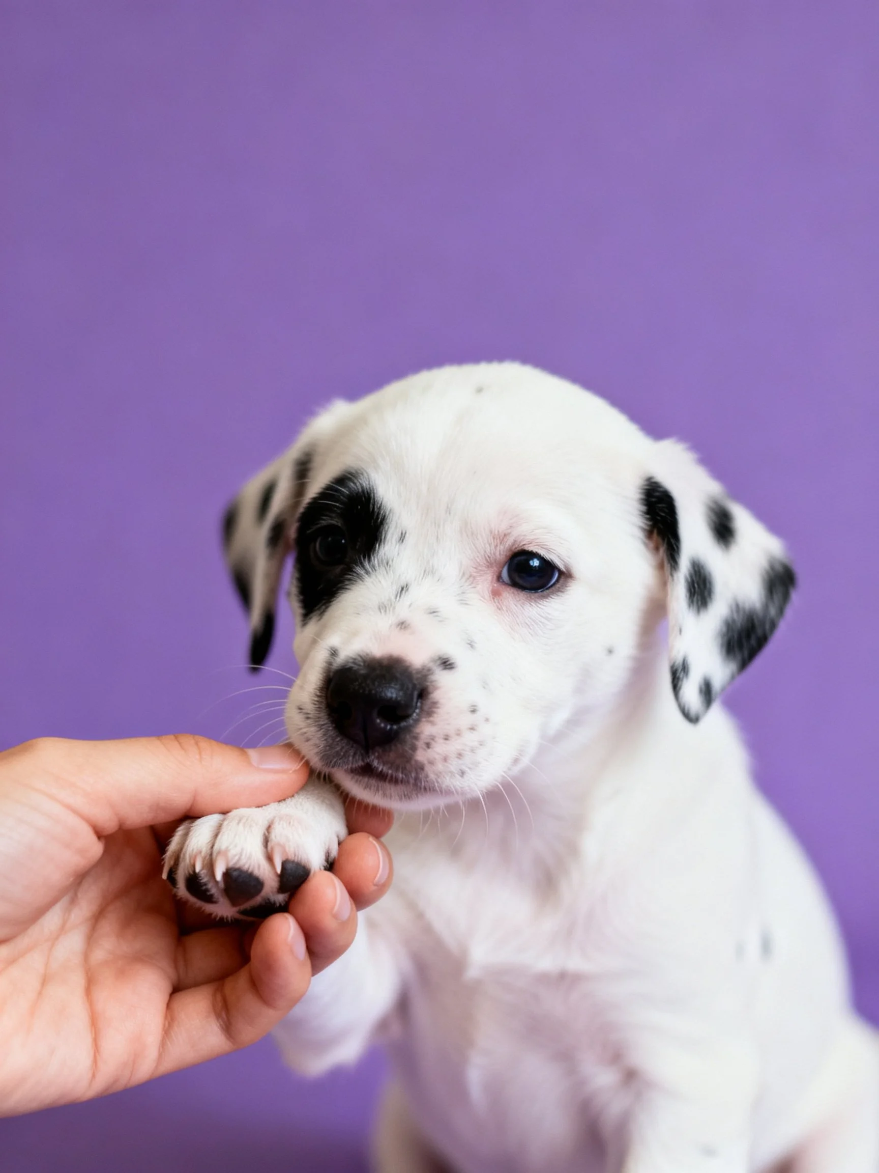 A Dalmatian puppy with black spots interacts with a human hand on a purple background