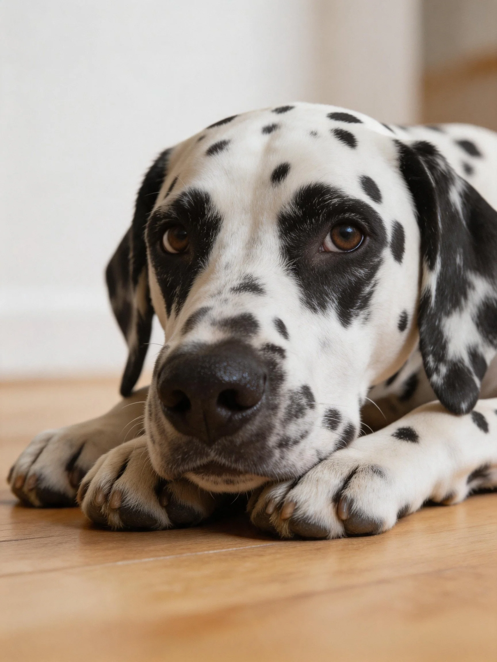 A Dalmatian puppy with black spots resting on a wooden floor