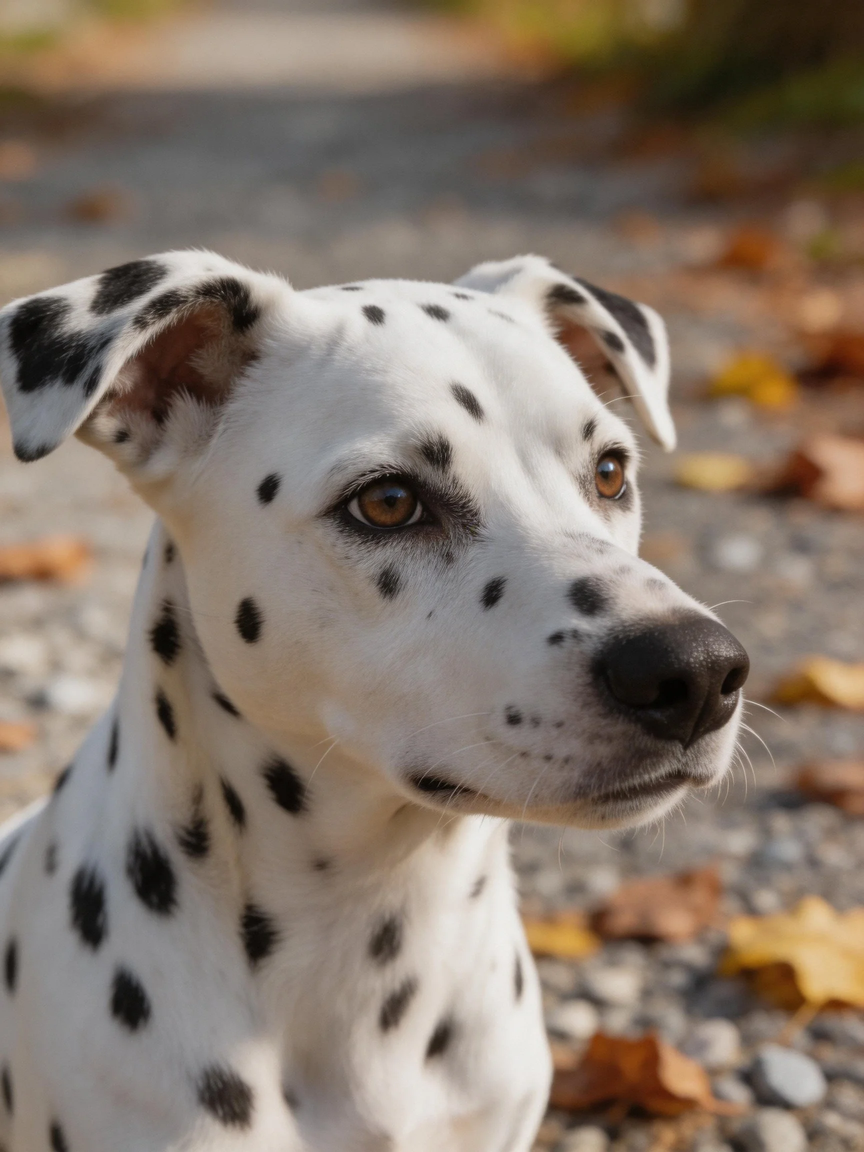 A Dalmatian puppy with black spots sitting near fallen autumn leaves