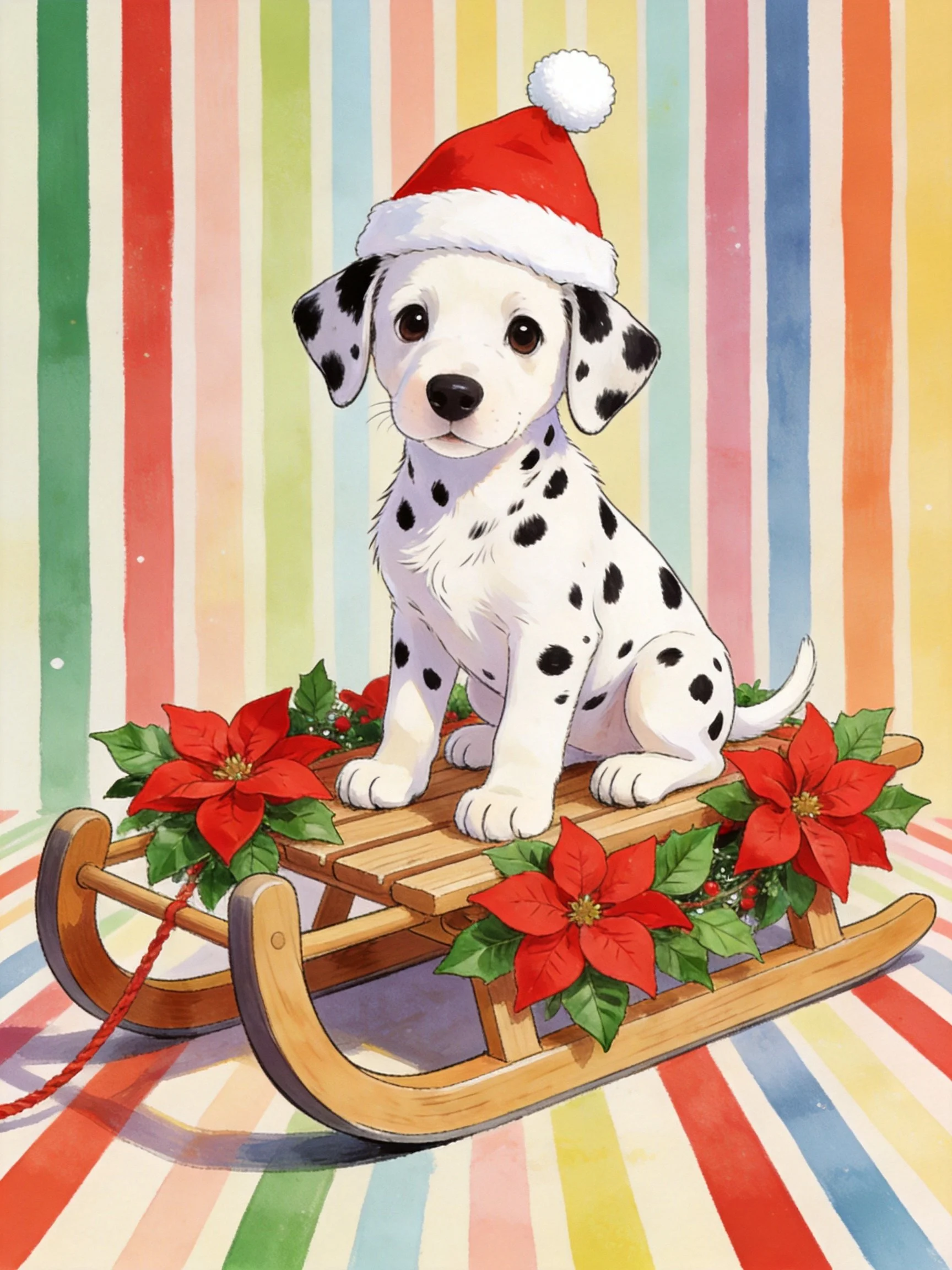 A Dalmatian puppy with black spots wears a Santa hat on a poinsettia sled
