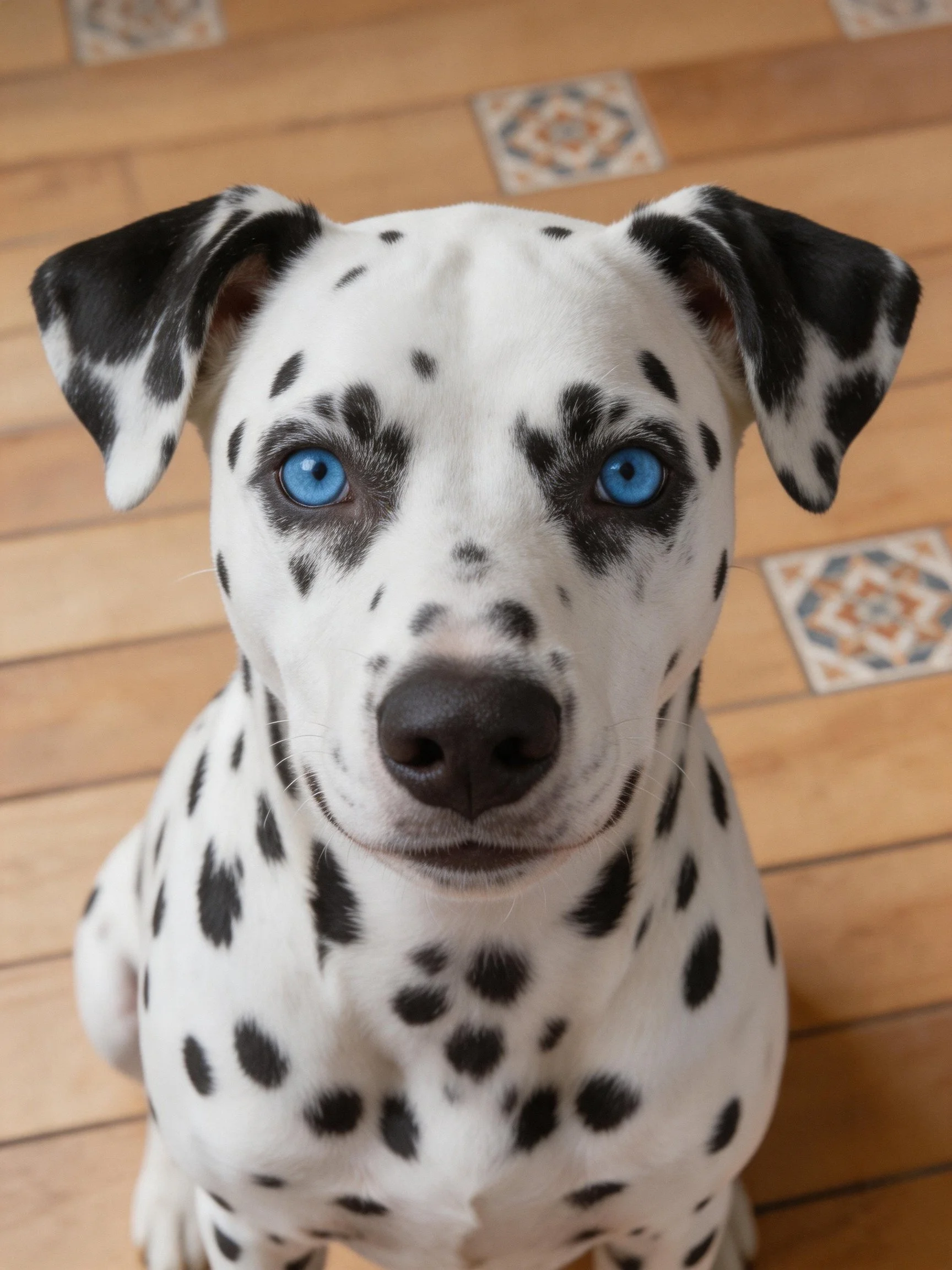 A Dalmatian puppy with bright blue eyes sits on patterned wood flooring