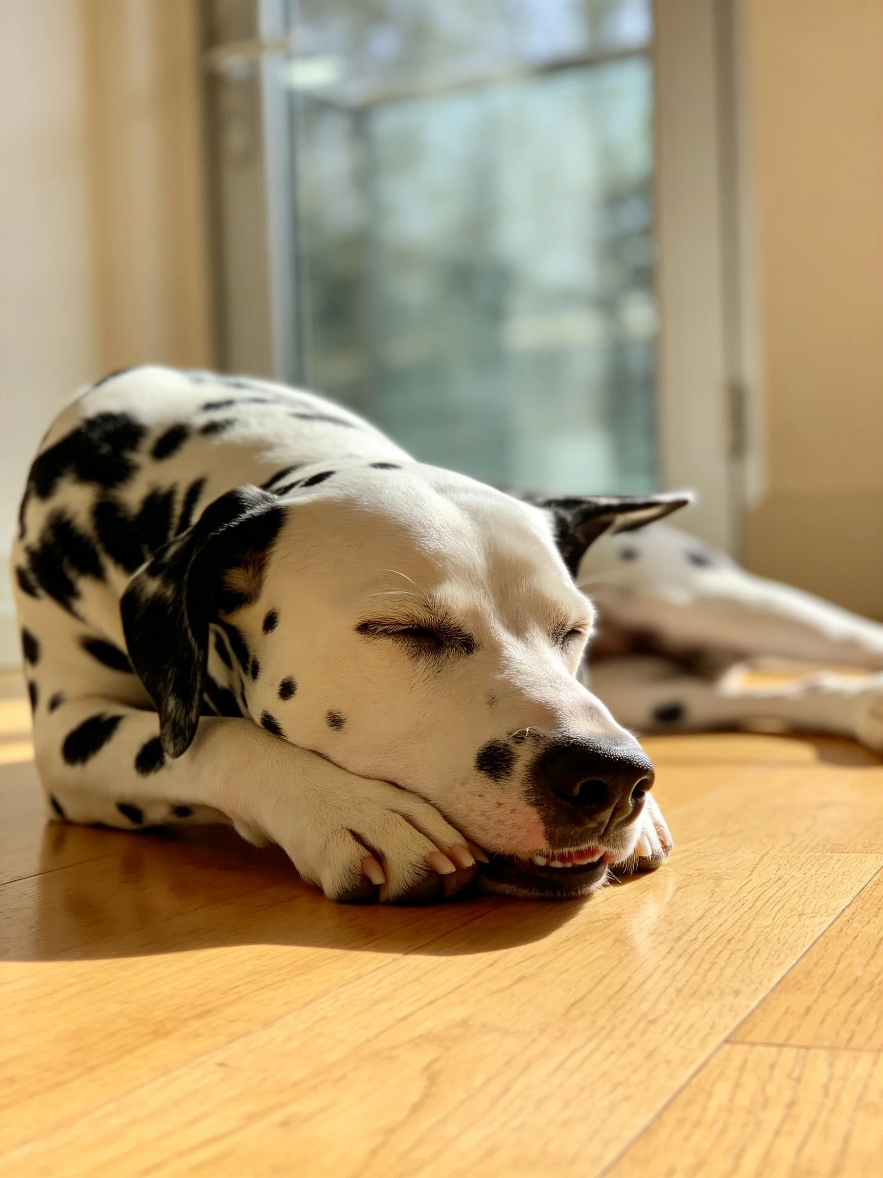 A Dalmatian resting on a polished wooden floor by a sunlit window