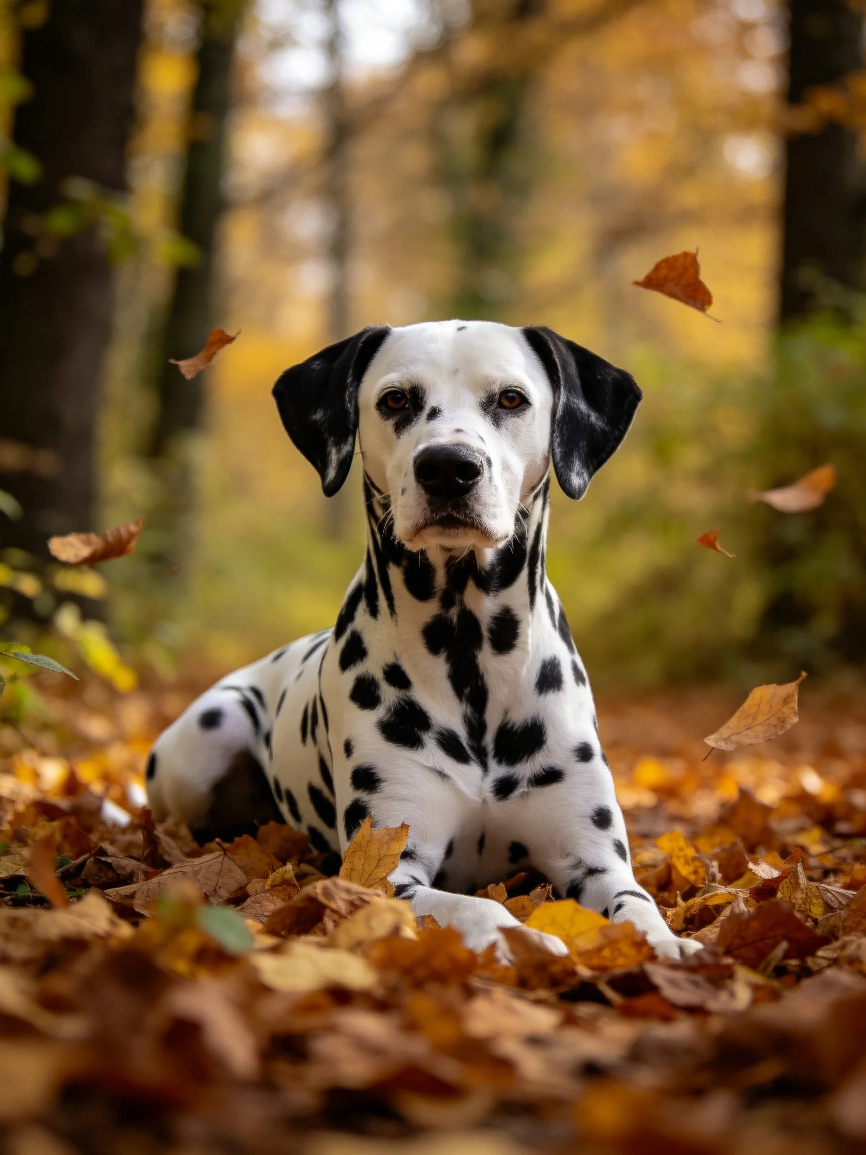 A Dalmatian sits calmly among autumn leaves in a forest.