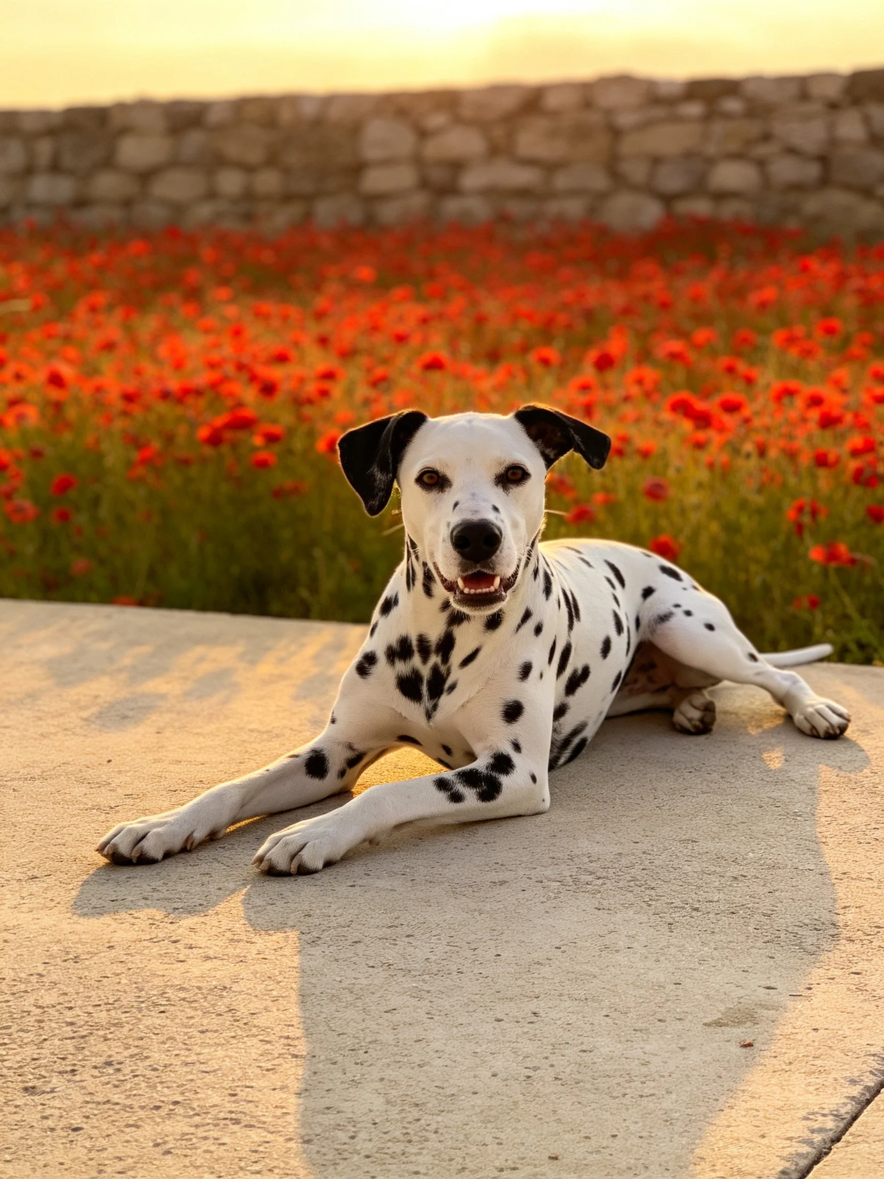 A Dalmatian rests near a field of red poppies by a stone wall