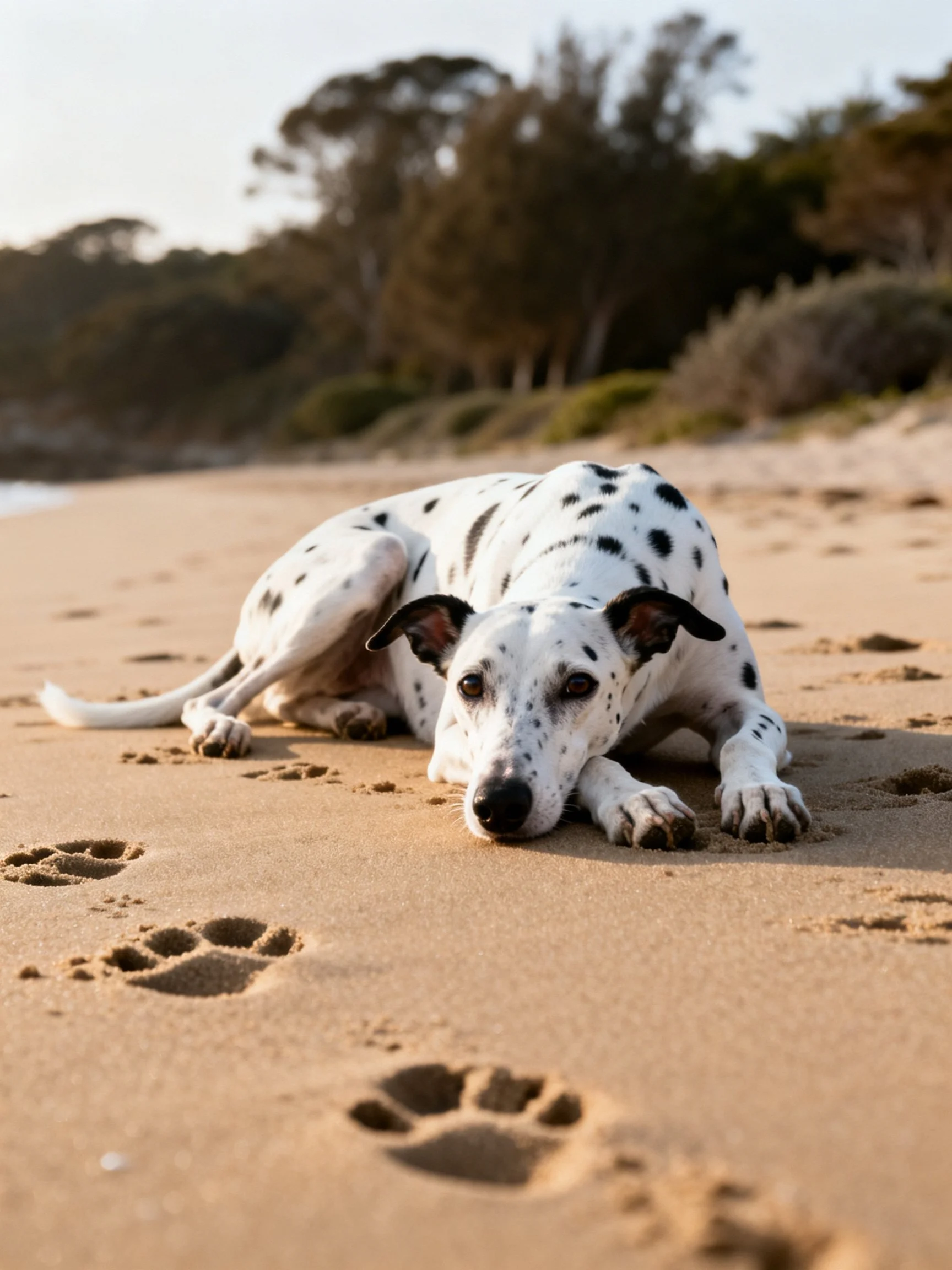 A Dalmatian rests on a sandy beach with paw prints