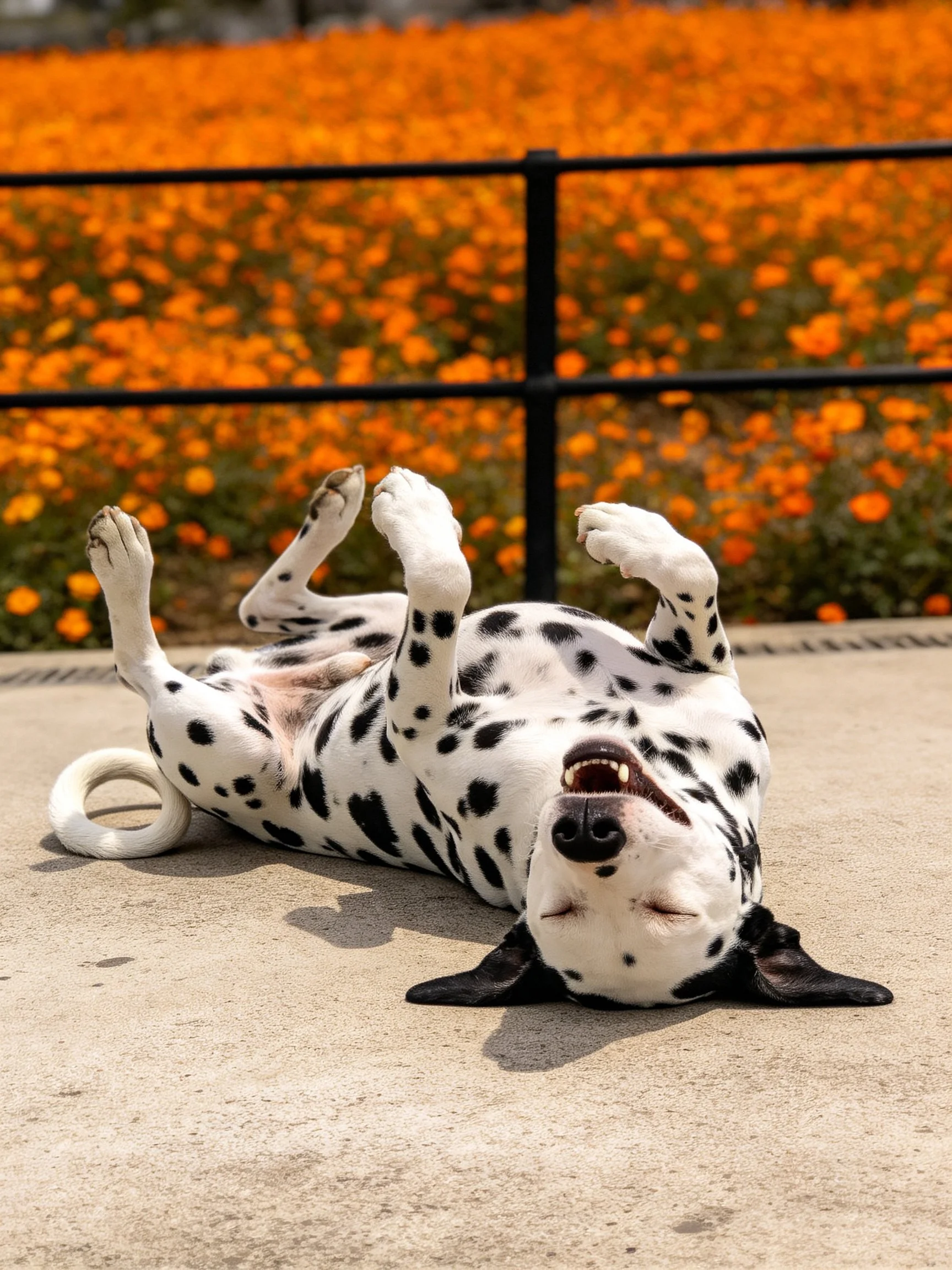 A Dalmatian rolls on its back near vibrant orange flowers