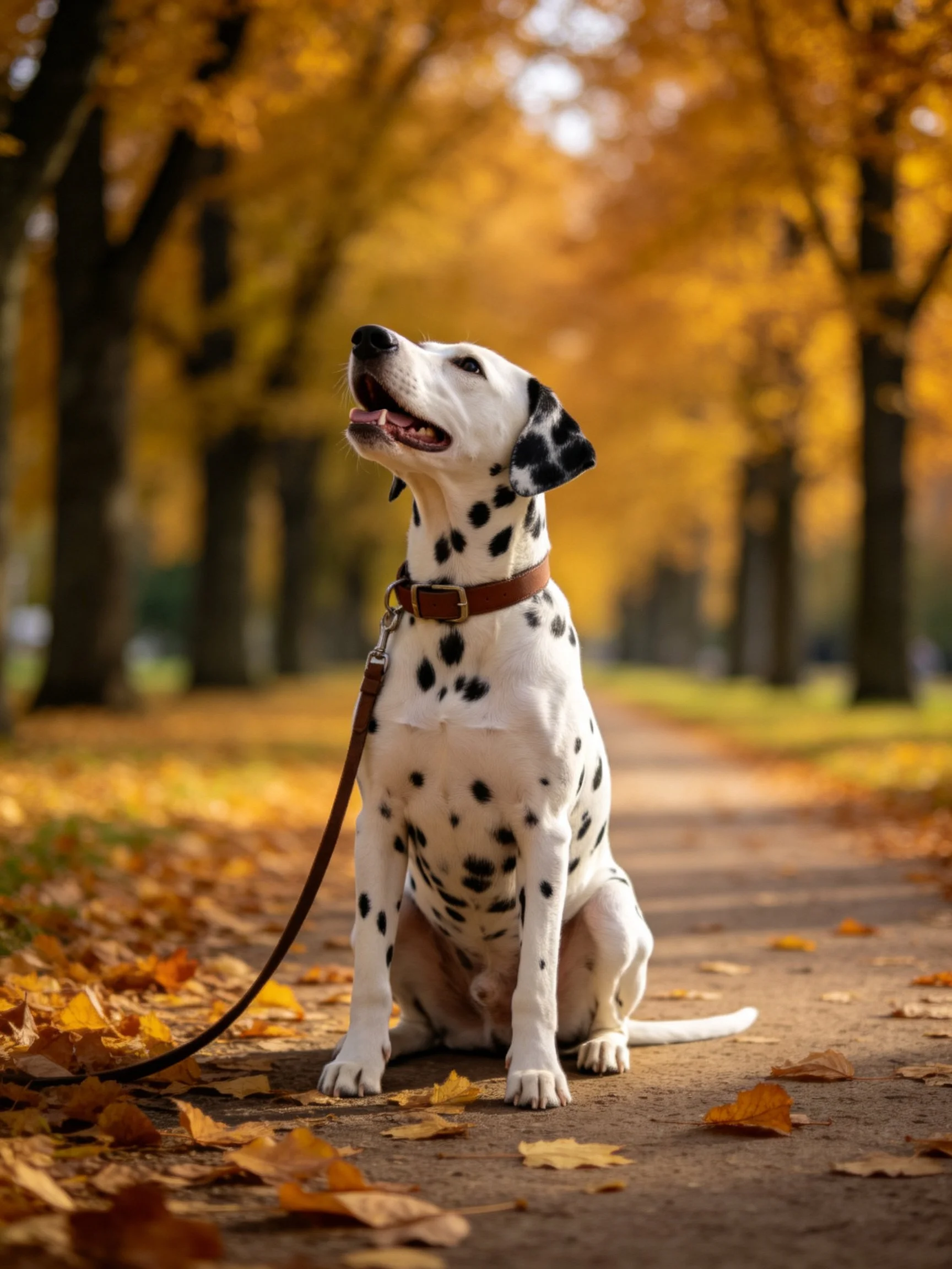 A Dalmatian sits on a leaf-covered path in a golden autumn park