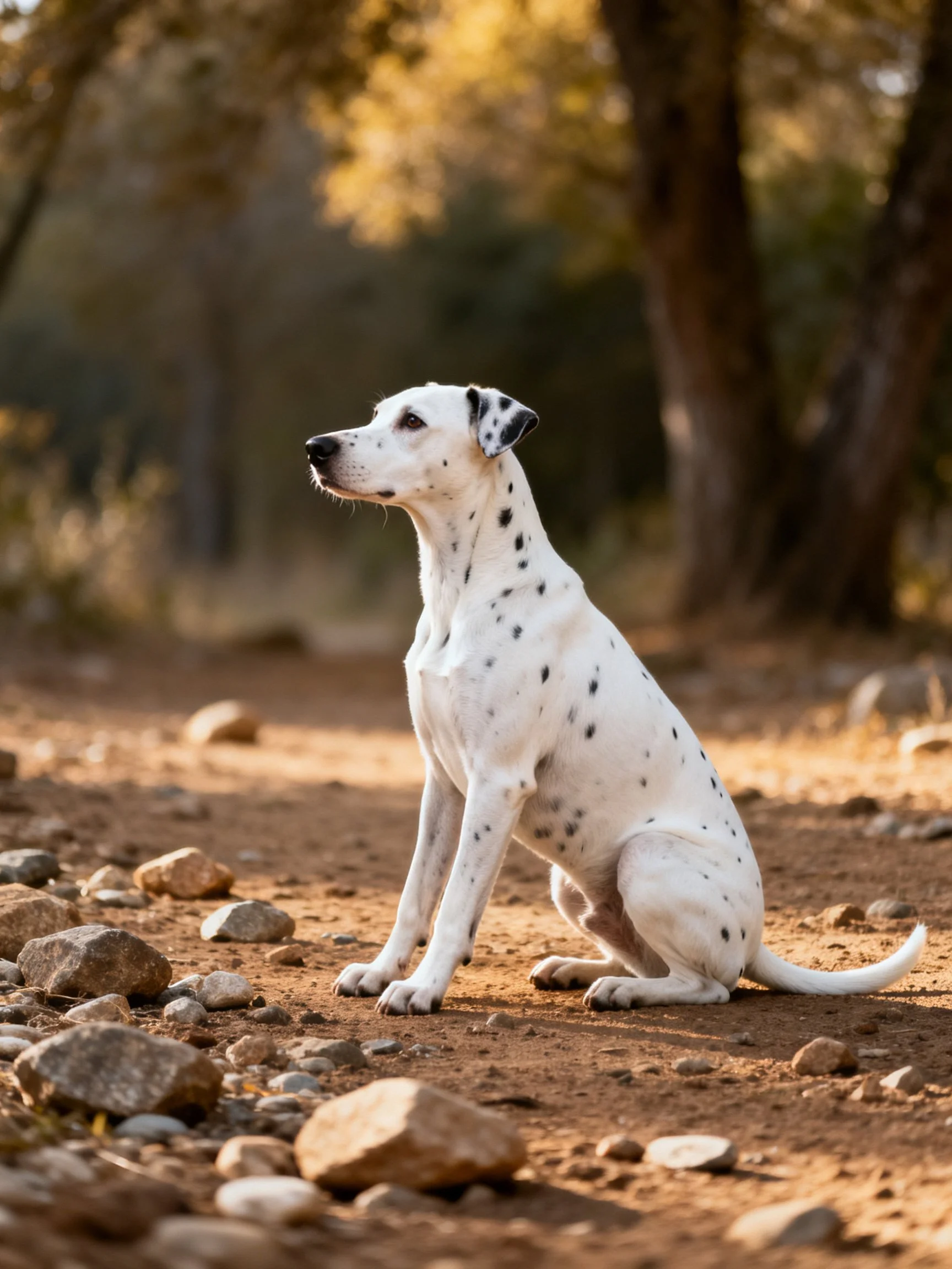A Dalmatian sits on a rocky dirt path with trees behind