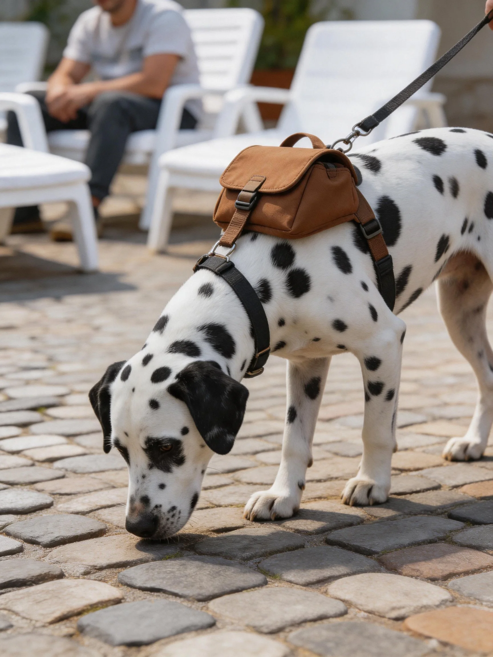 A Dalmatian with a brown backpack sniffs cobblestones near white lounge chairs