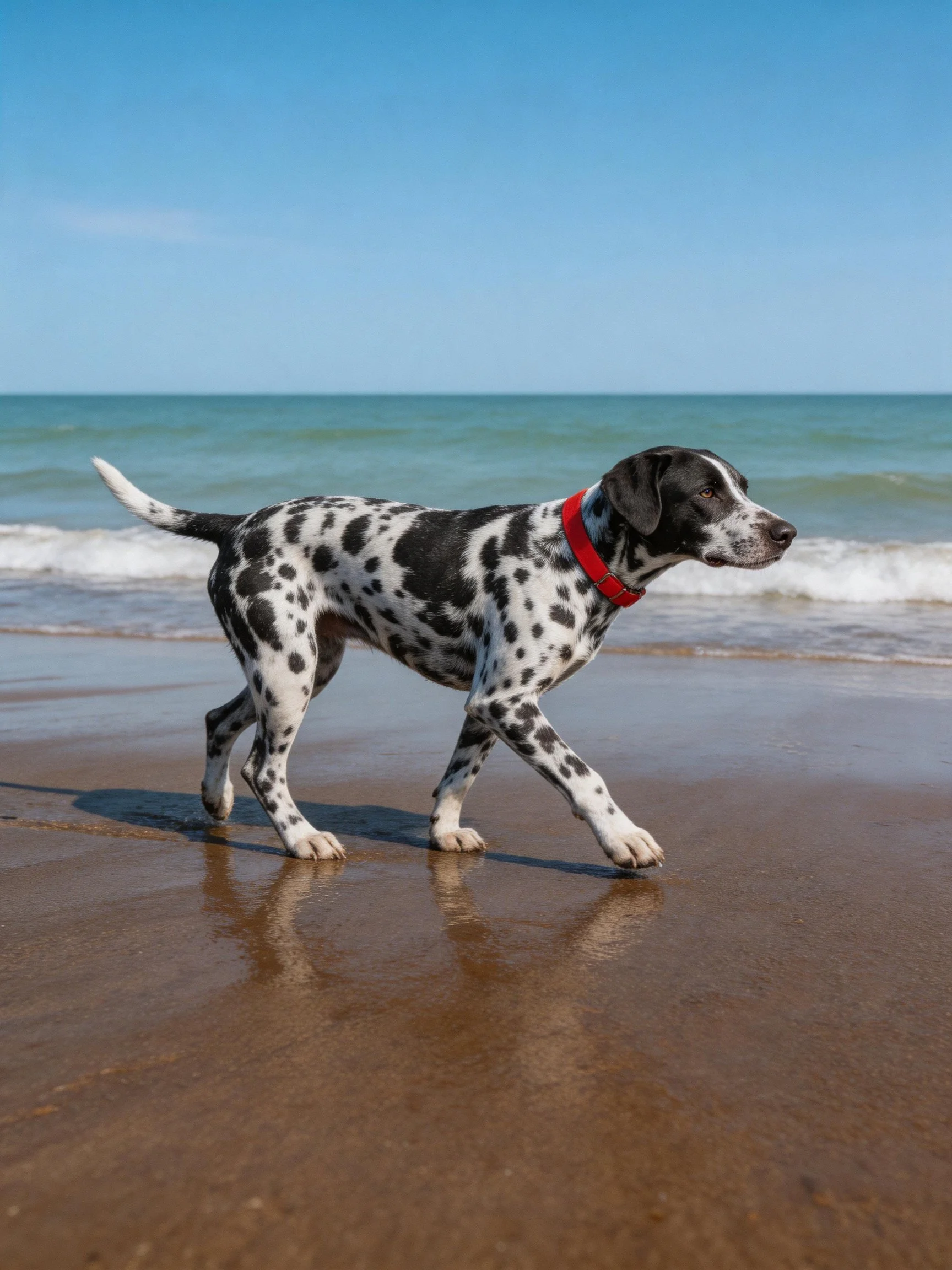 A Dalmatian with a red collar walks on wet sand by the ocean