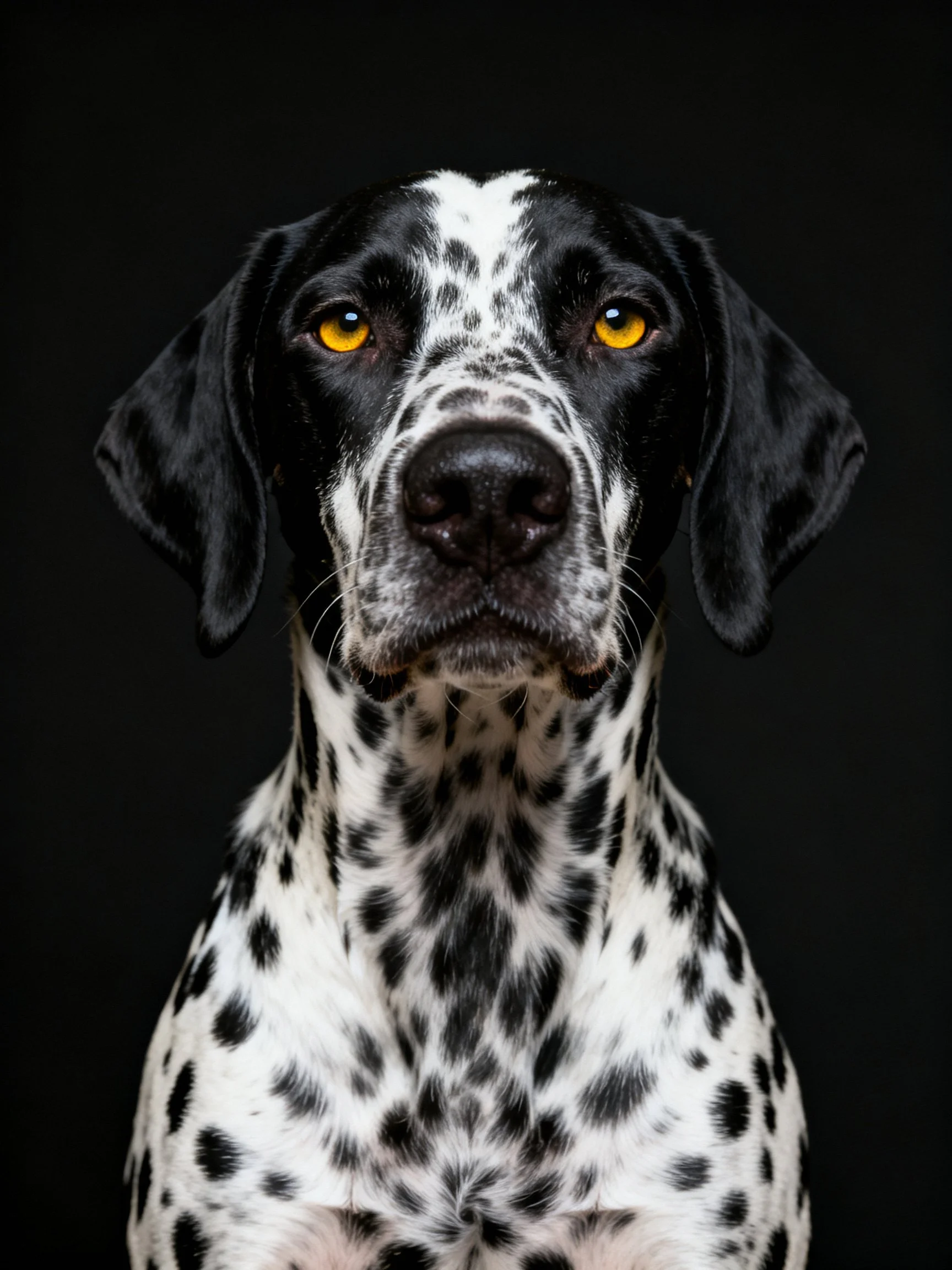 A Dalmatian with black and white spotted fur, bright yellow eyes