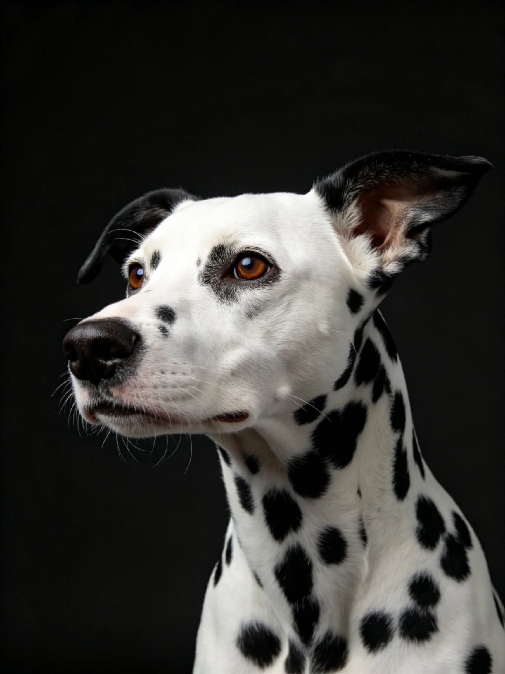 A Dalmatian with black spots and amber eyes against a dark backdrop