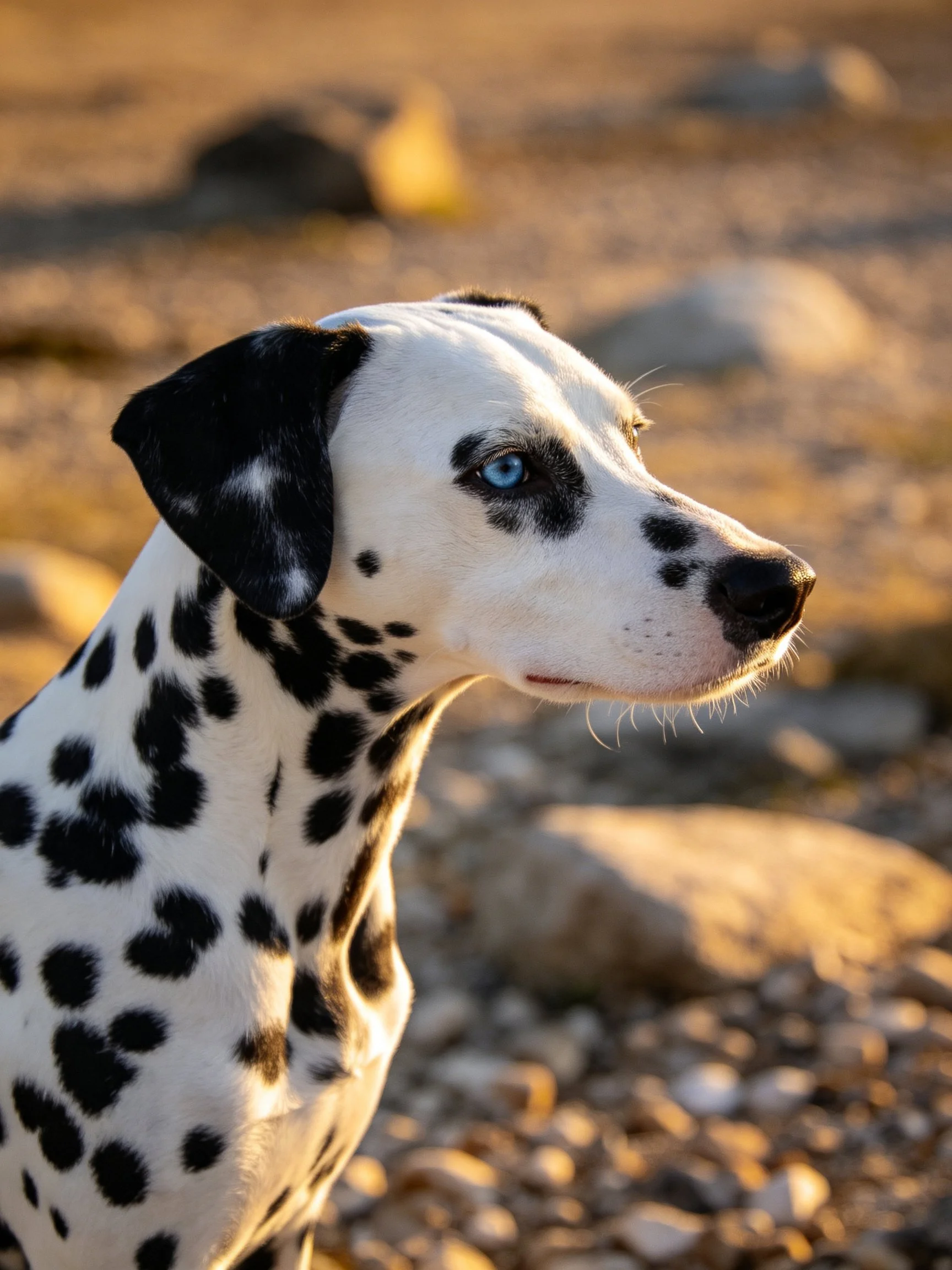 A Dalmatian with black spots and blue eyes near rocky terrain