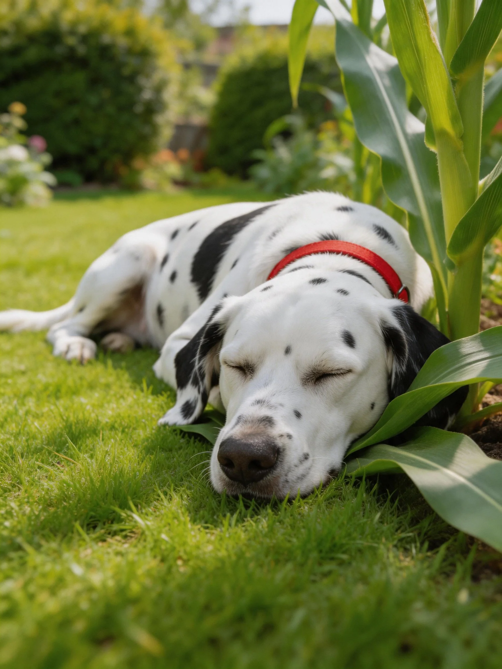 A Dalmatian sleeps peacefully in a sunny garden