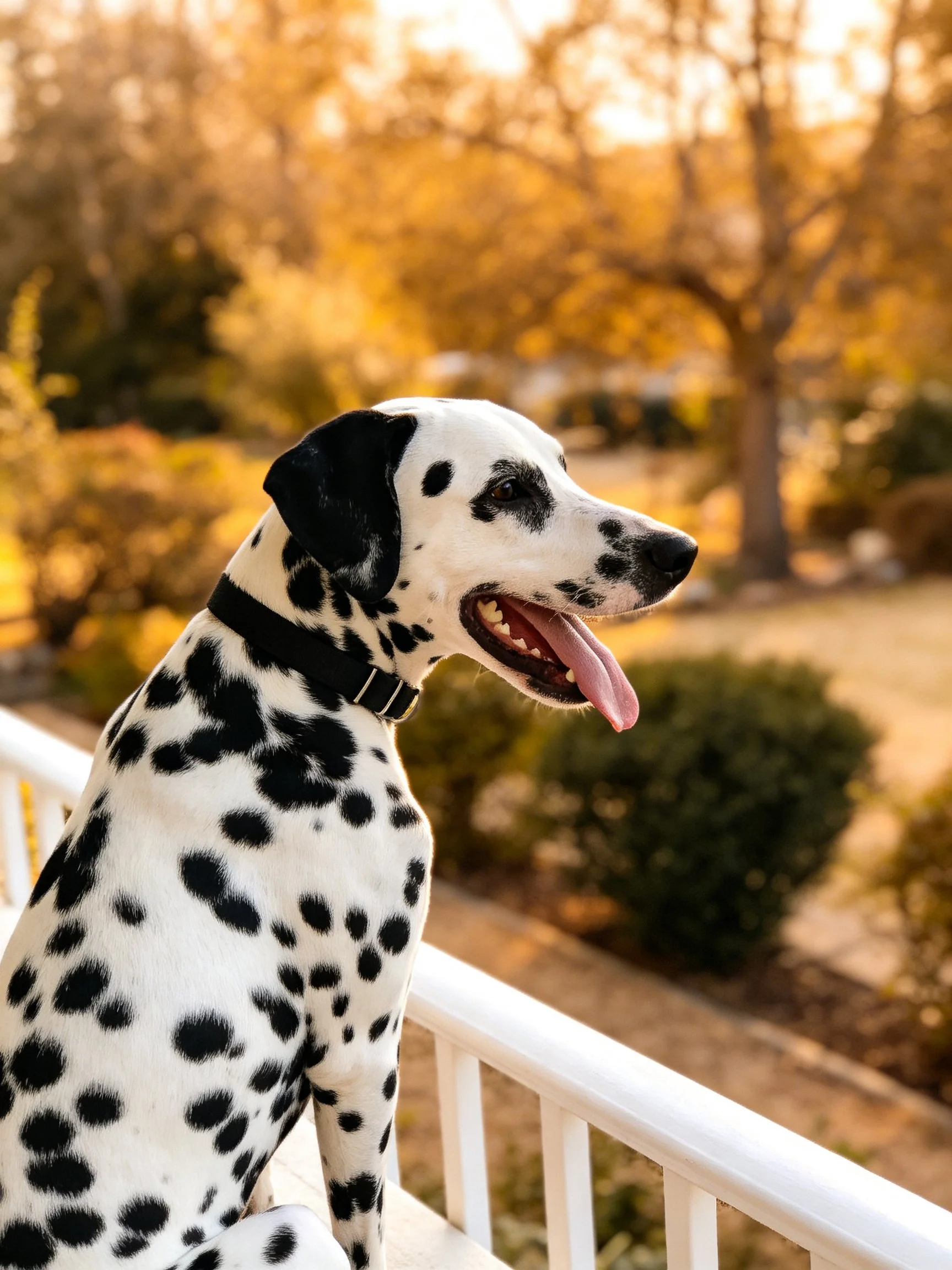 A Dalmatian with black spots sits on a white railing in a golden-lit yard