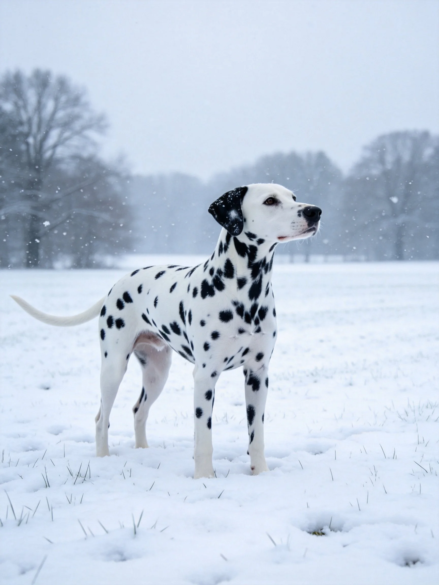 A Dalmatian with black spots standing in a snowy field