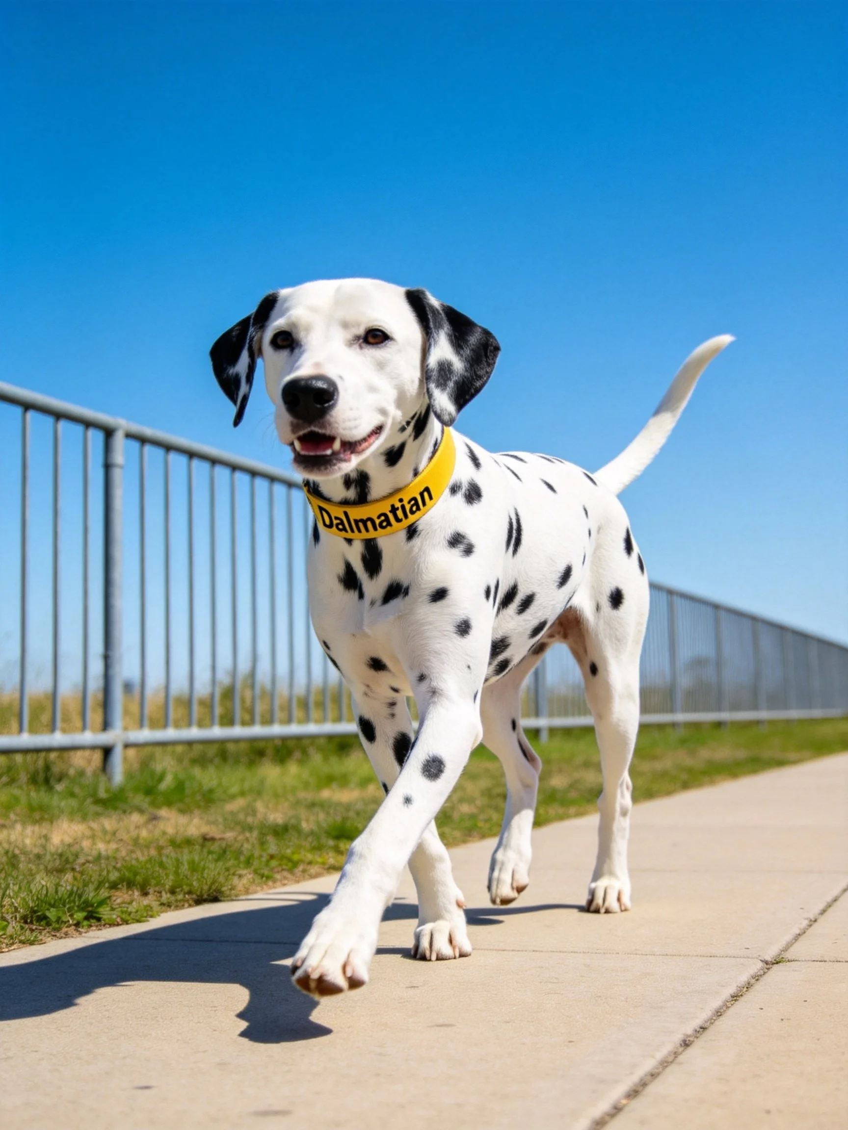 A Dalmatian with black spots walks on a sunny sidewalk