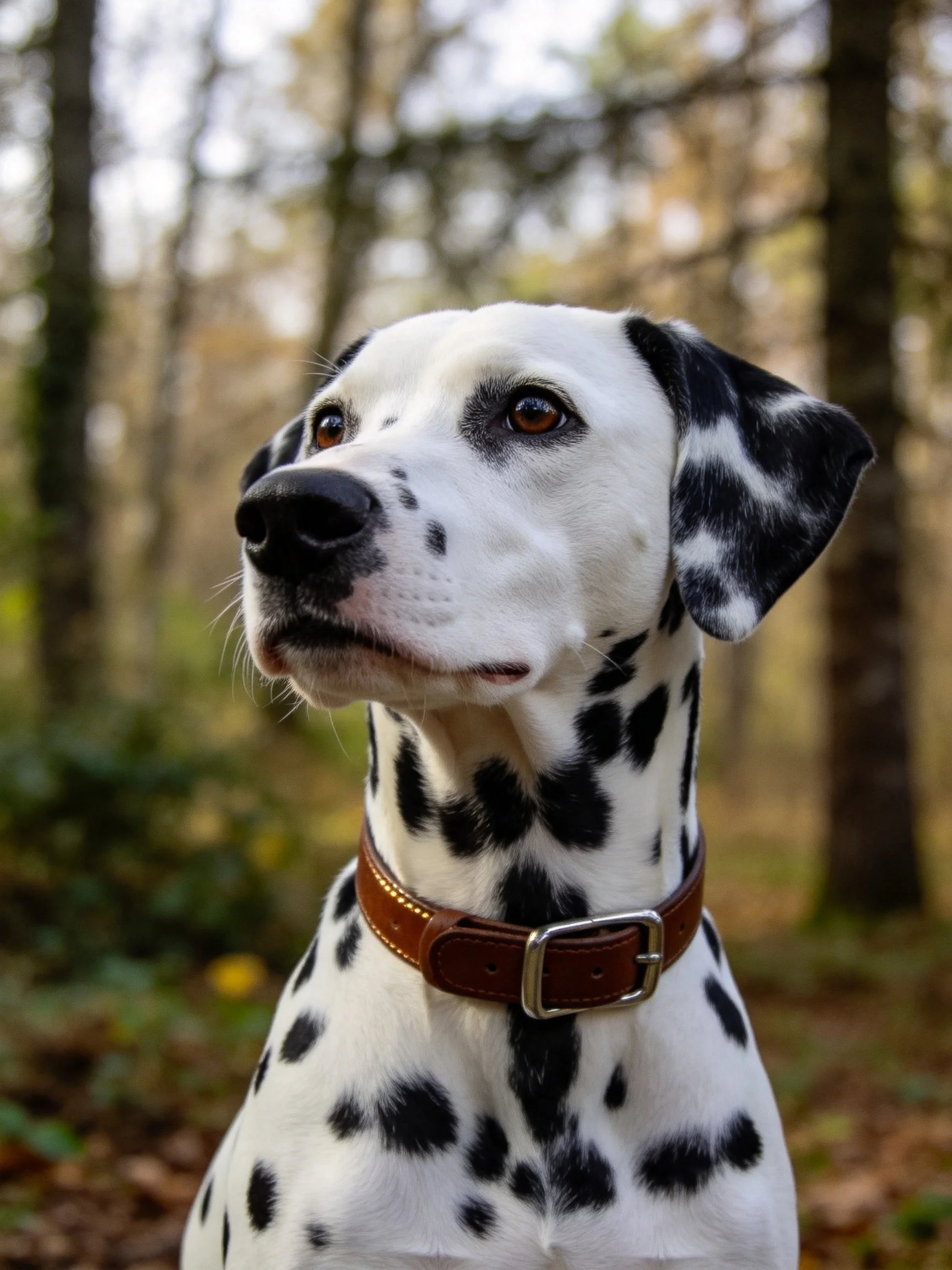 A Dalmatian with black spots wearing a brown collar in a forest