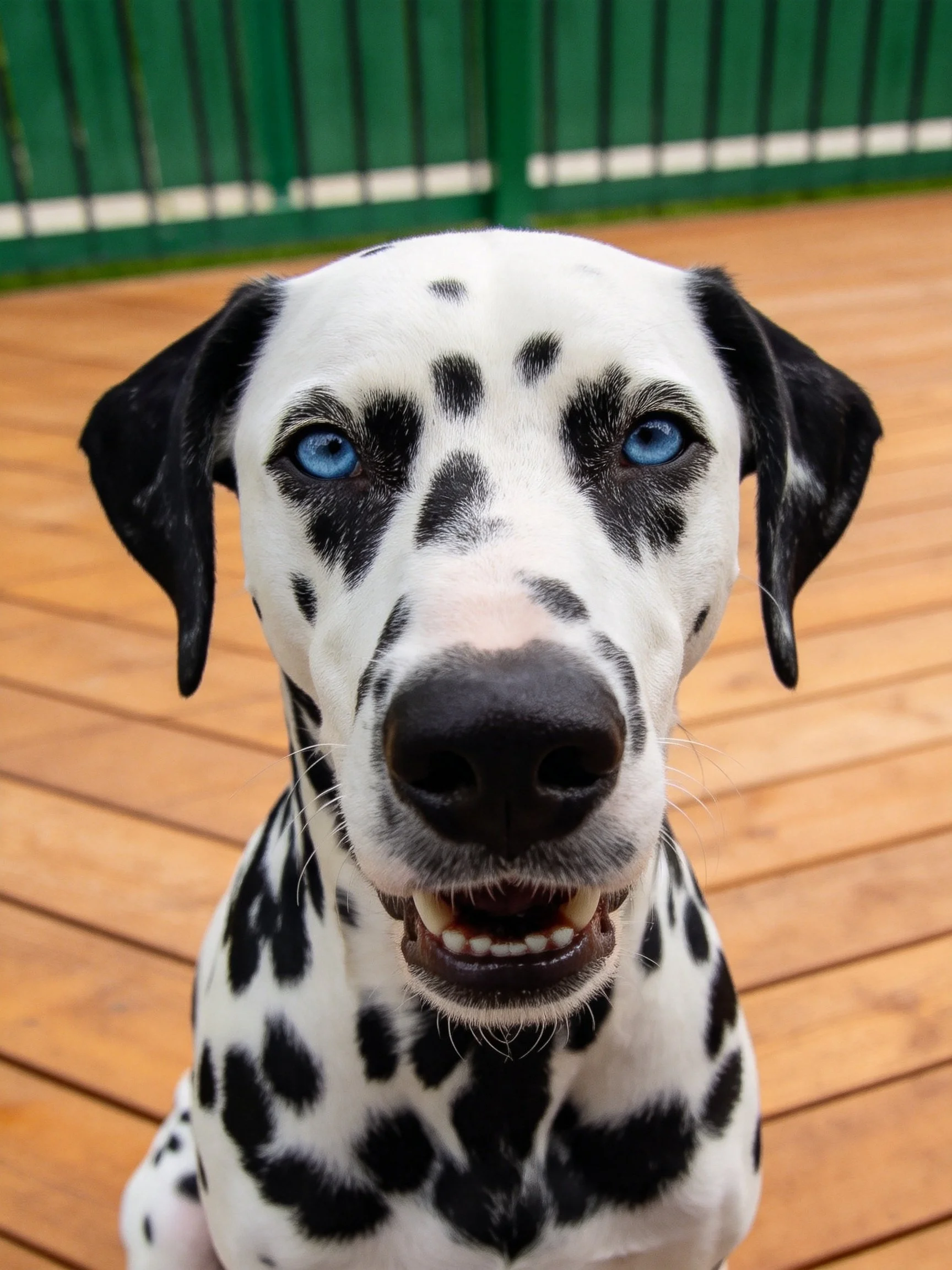 A Dalmatian with bright blue eyes sits on a wooden deck beside a green fence