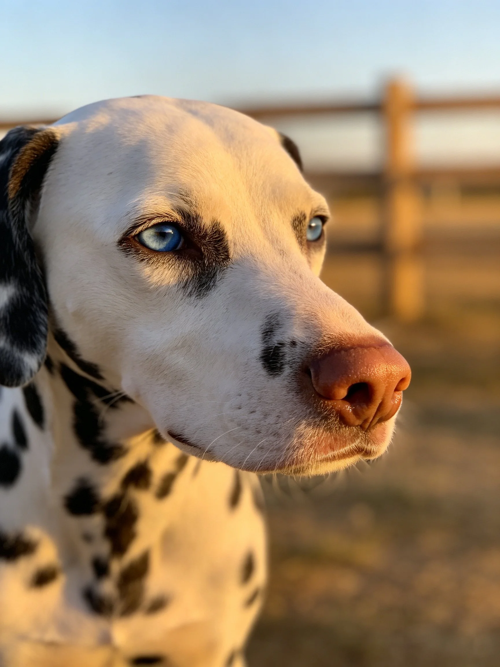 A Dalmatian with striking blue eyes in golden-hour light