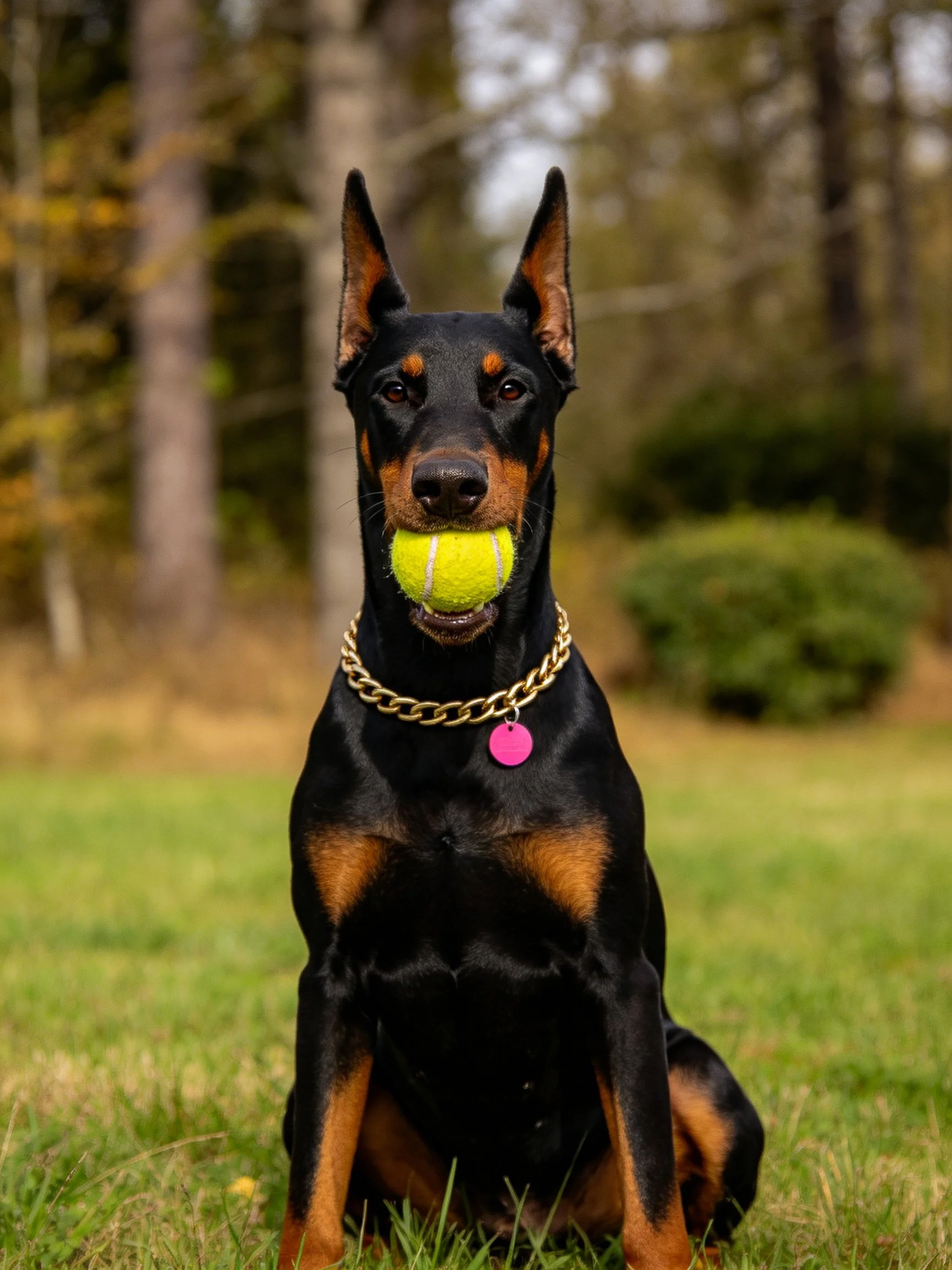 A Doberman Pinscher holds a tennis ball while seated on grass