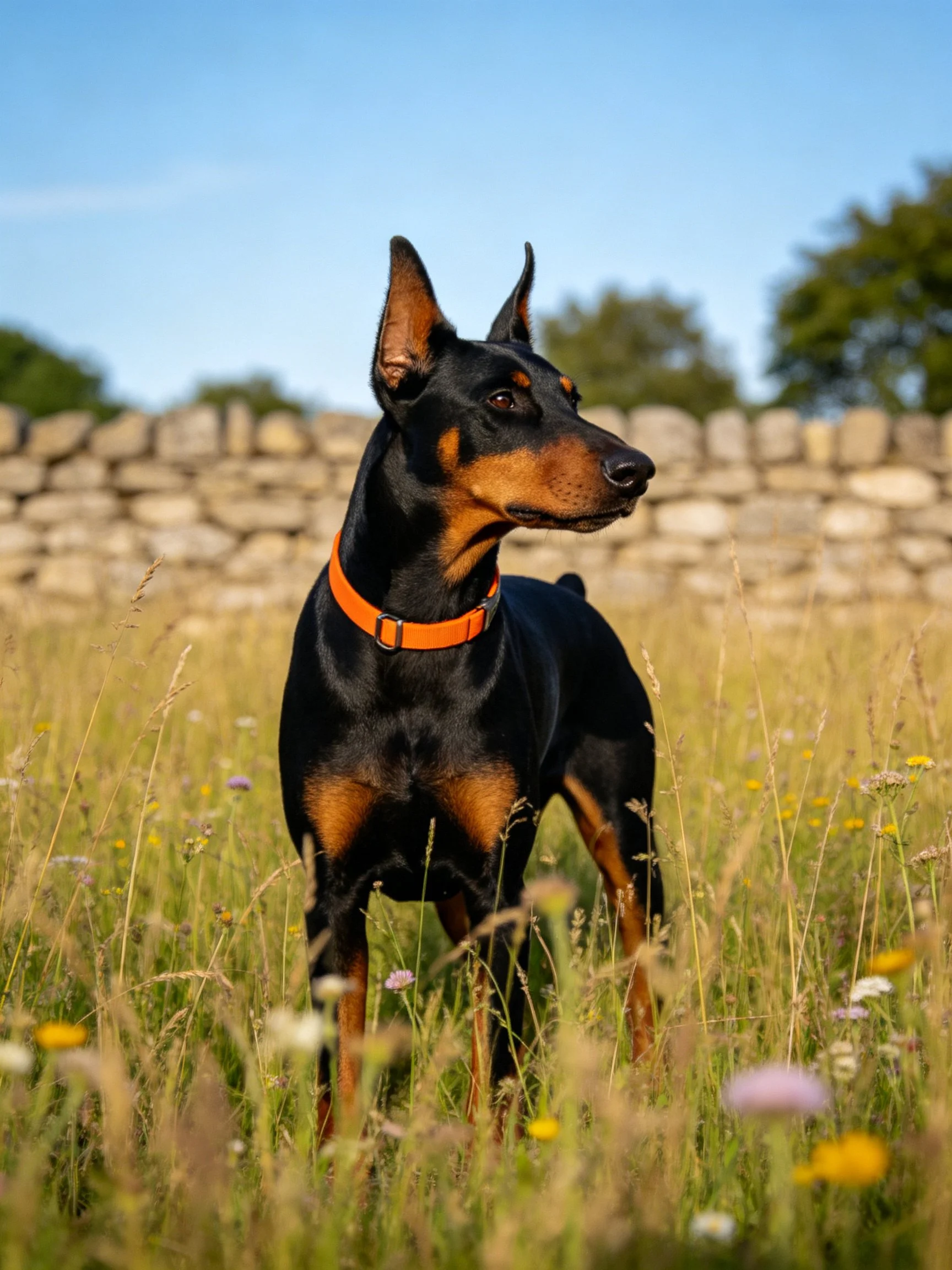 A Doberman Pinscher stands in a sunlit meadow with wildflowers