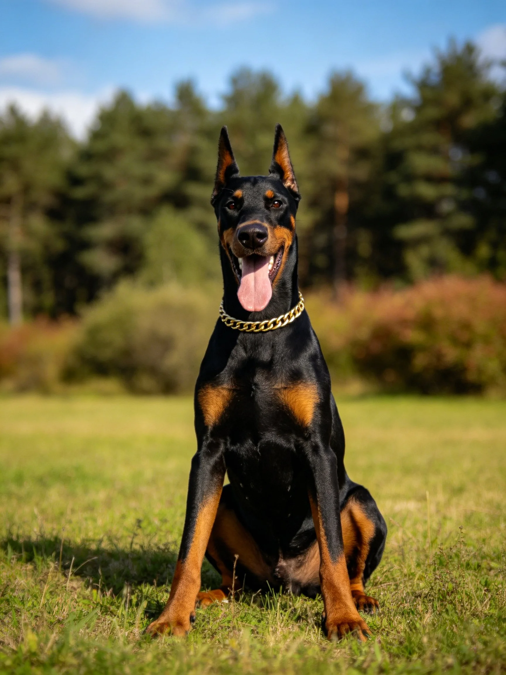 A Doberman Pinscher with black and tan coat sits on grass with a gold chain collar