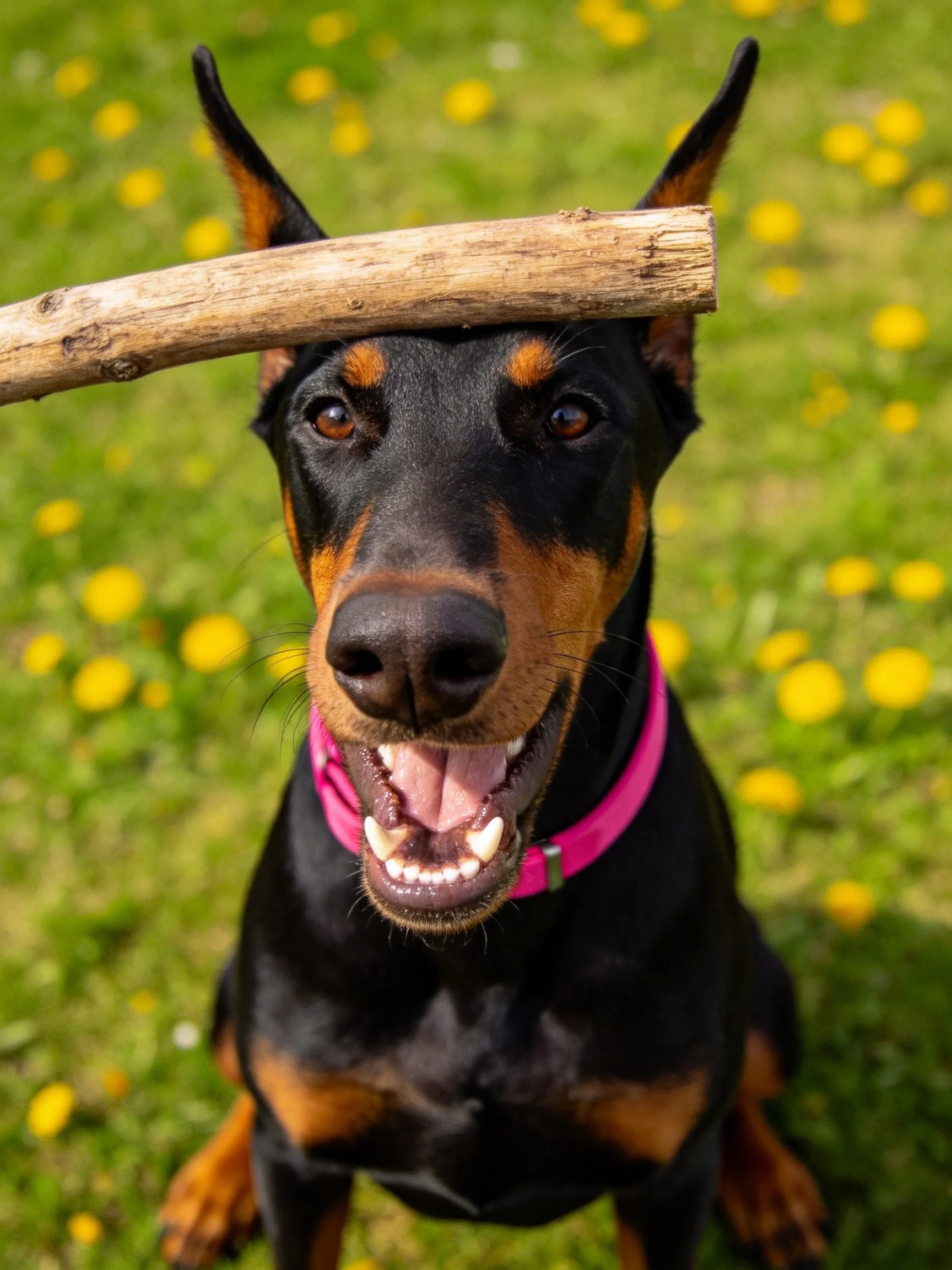 A Doberman balances a wooden stick on its head amid a grassy field with yellow flowers