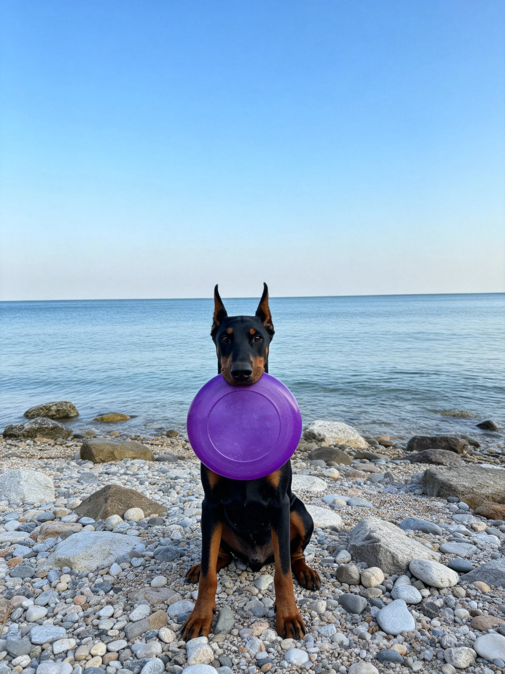 A Doberman dog holds a purple frisbee on a pebbly shoreline