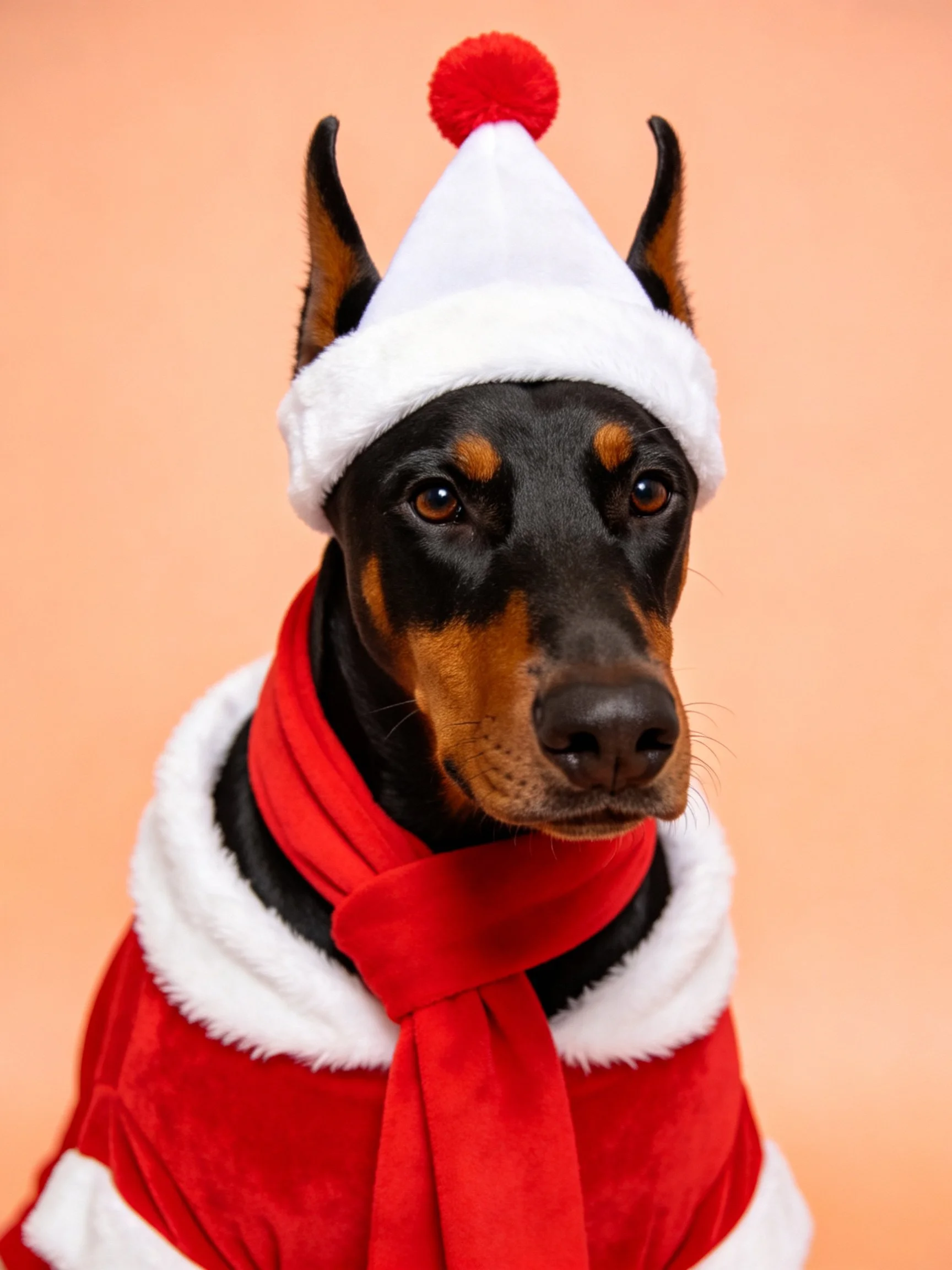 A Doberman dog in Santa-themed red and white clothing