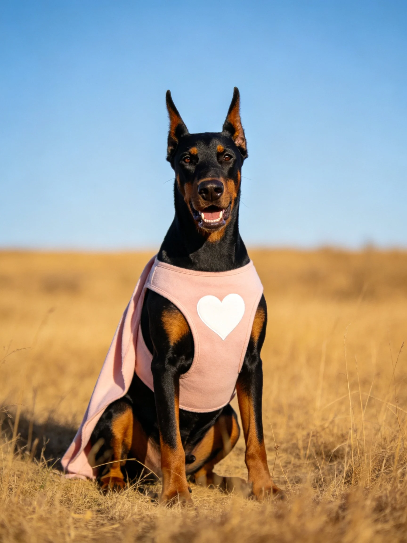 A Doberman dog in a pink heart vest sitting in a field