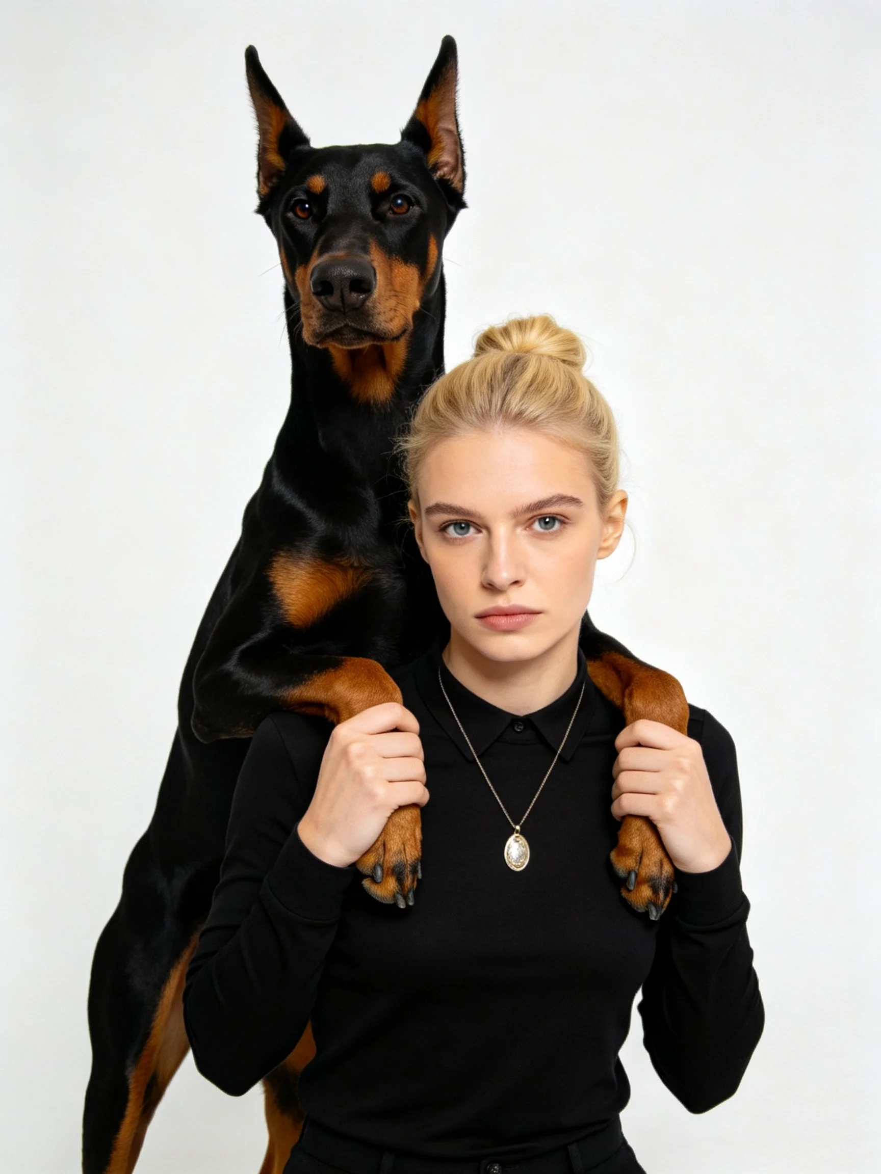 A Doberman sits on a womans shoulders as she poses with the dog against a plain white background
