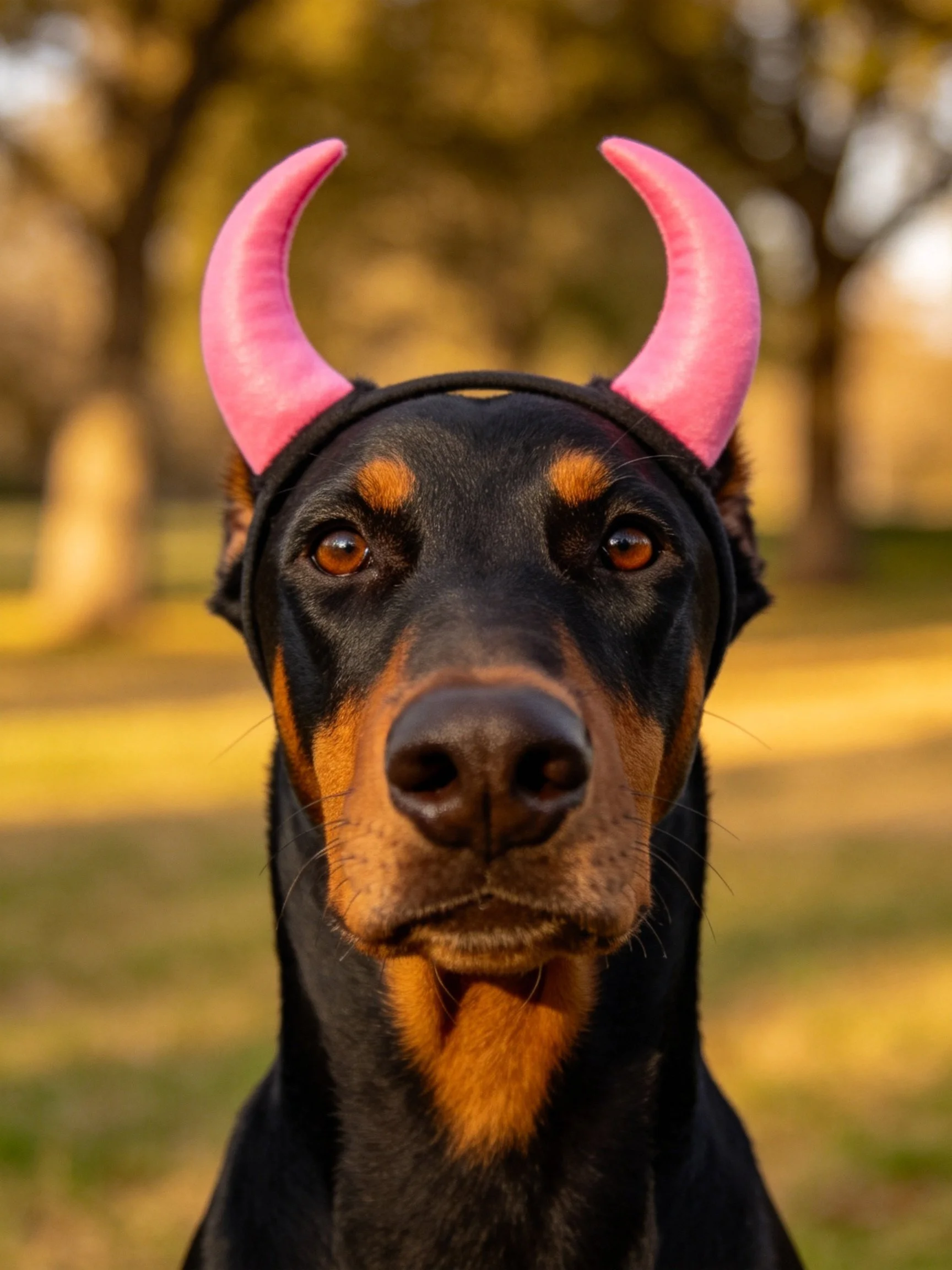 A Doberman dons pink horn headgear while standing in a sunlit outdoor area