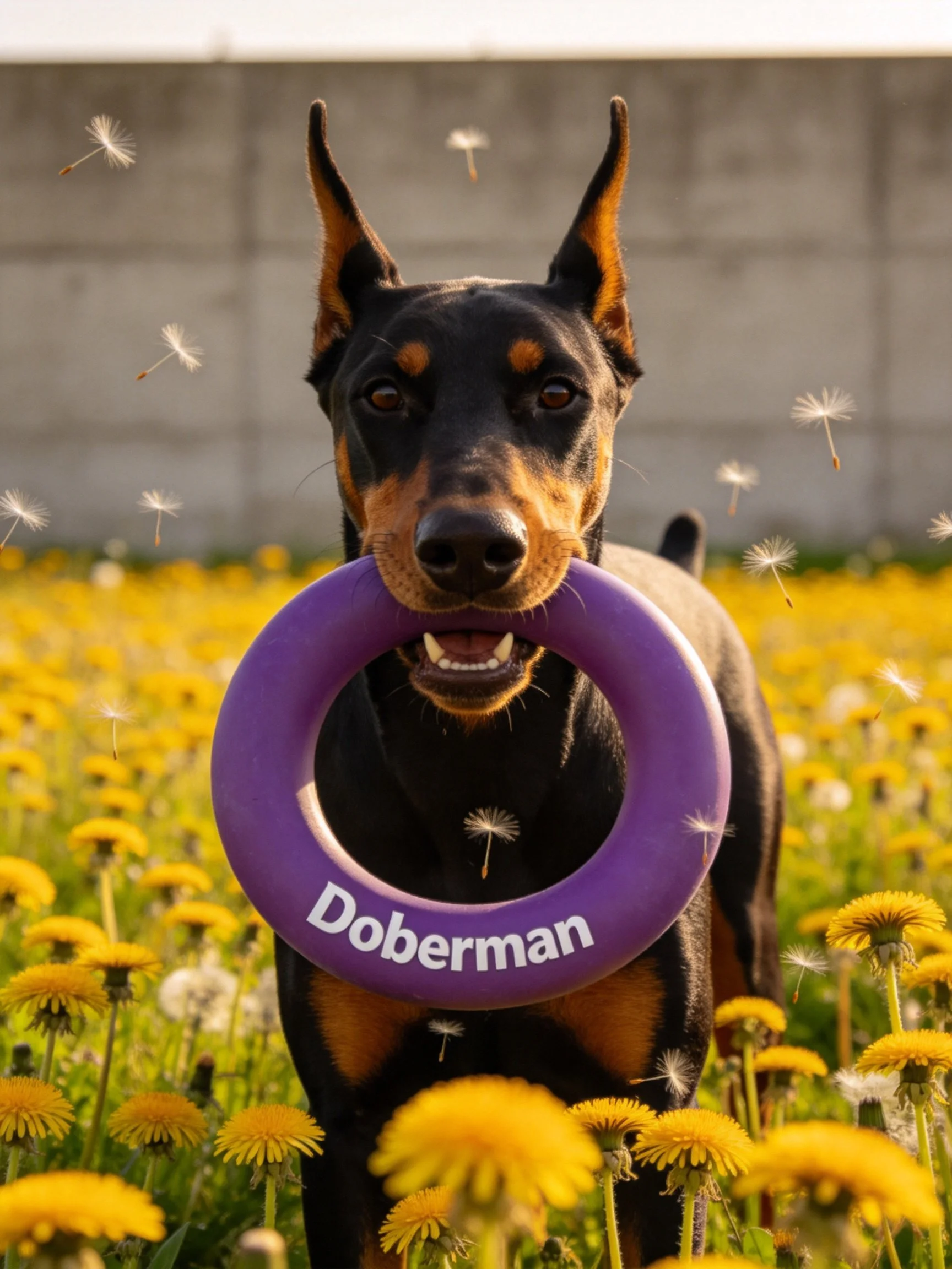 A Doberman holding a purple ring toy in a dandelion field