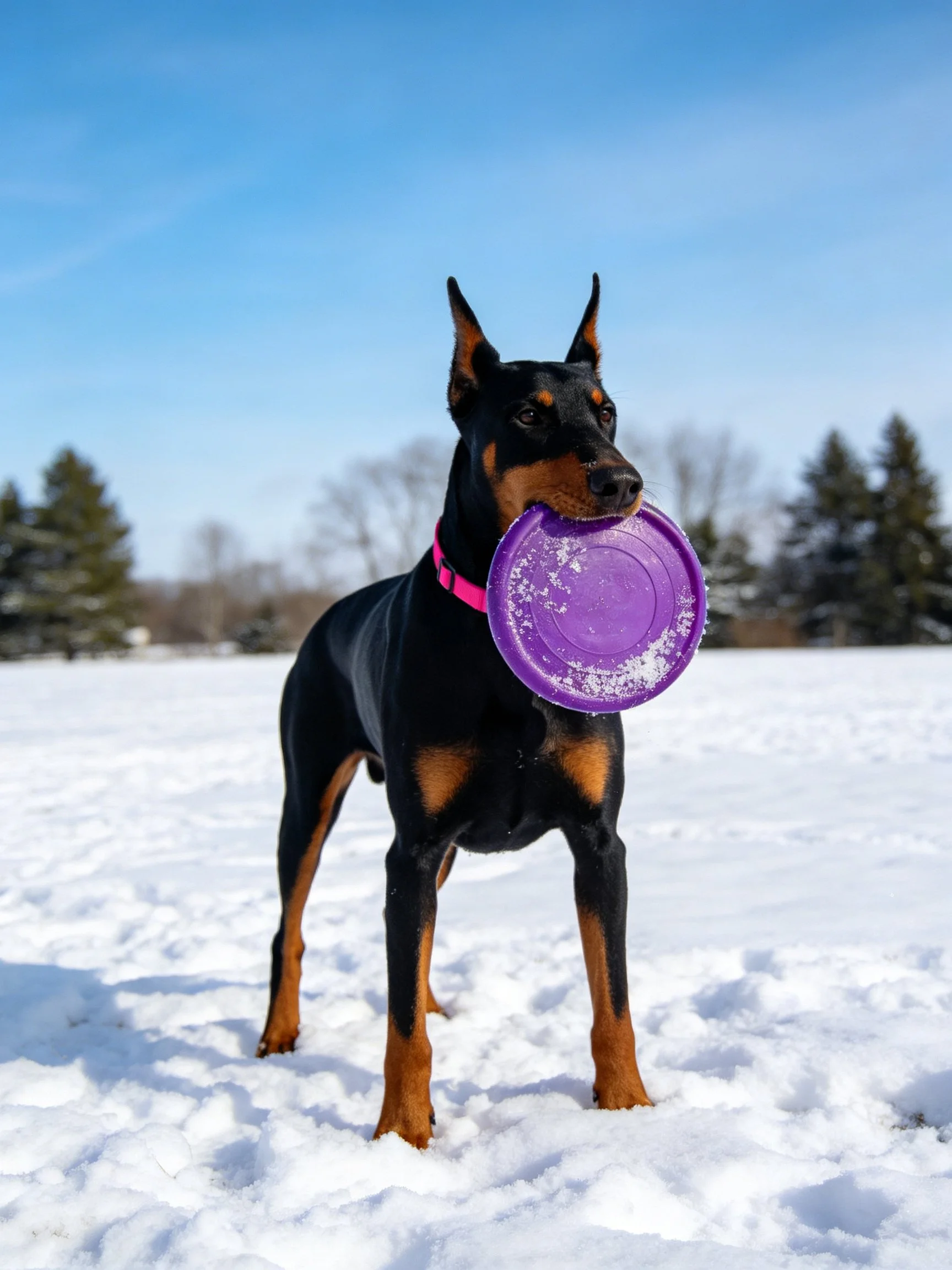 A Doberman holds a purple frisbee on a snowy field.