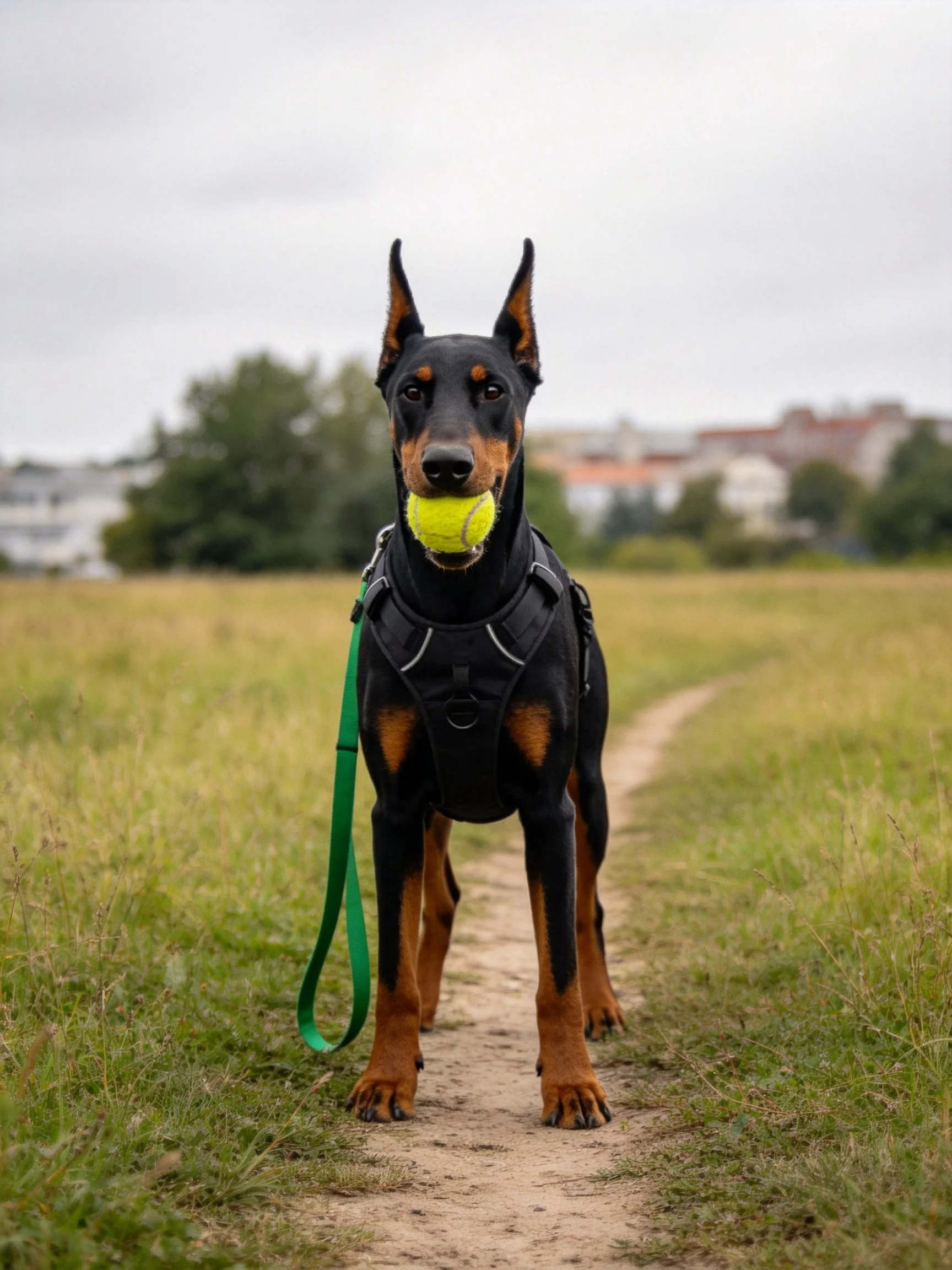 A Doberman in a black harness holds a yellow tennis ball on a dirt path