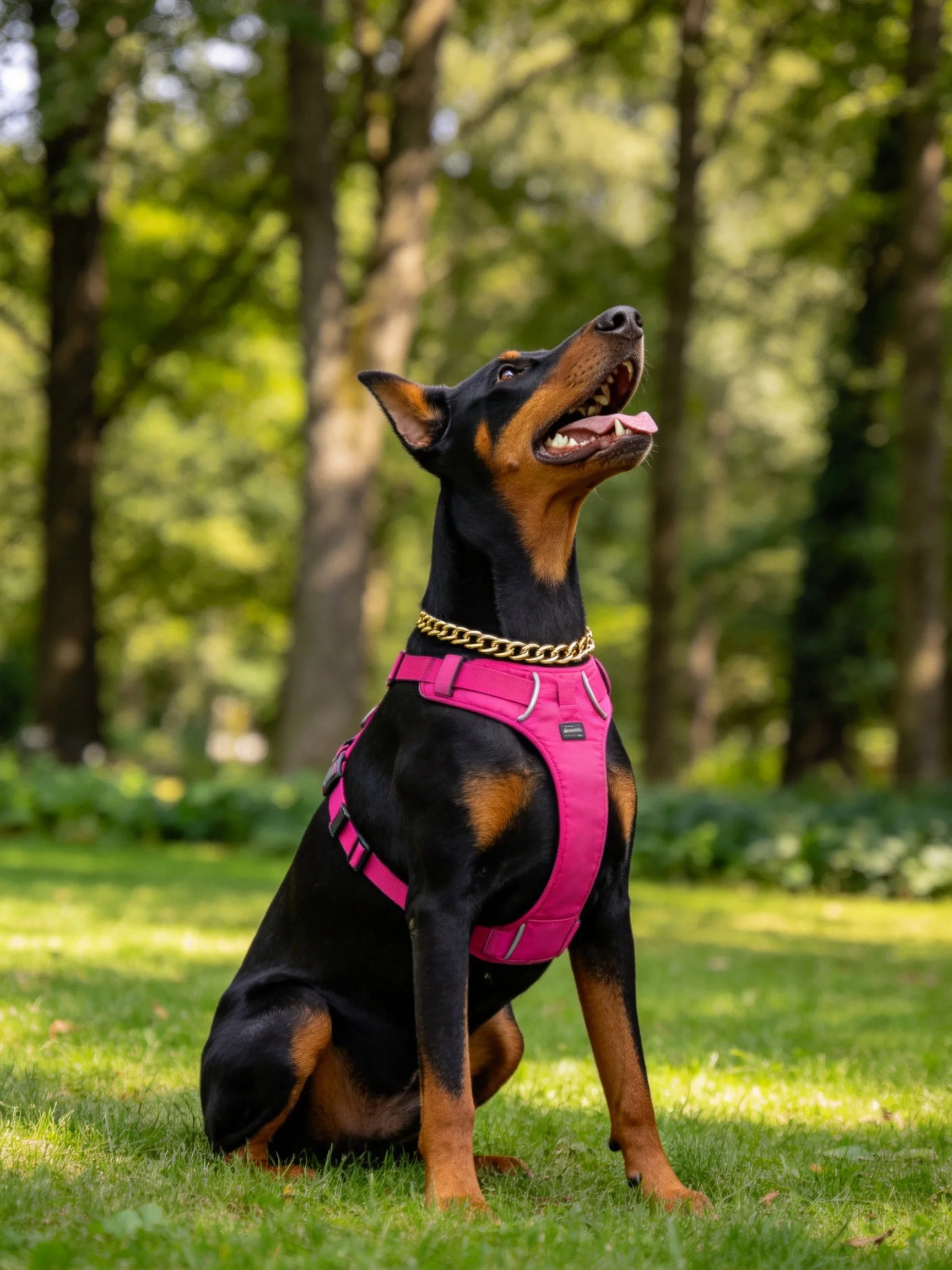 A Doberman in a bright pink harness sits in a sunlit forest
