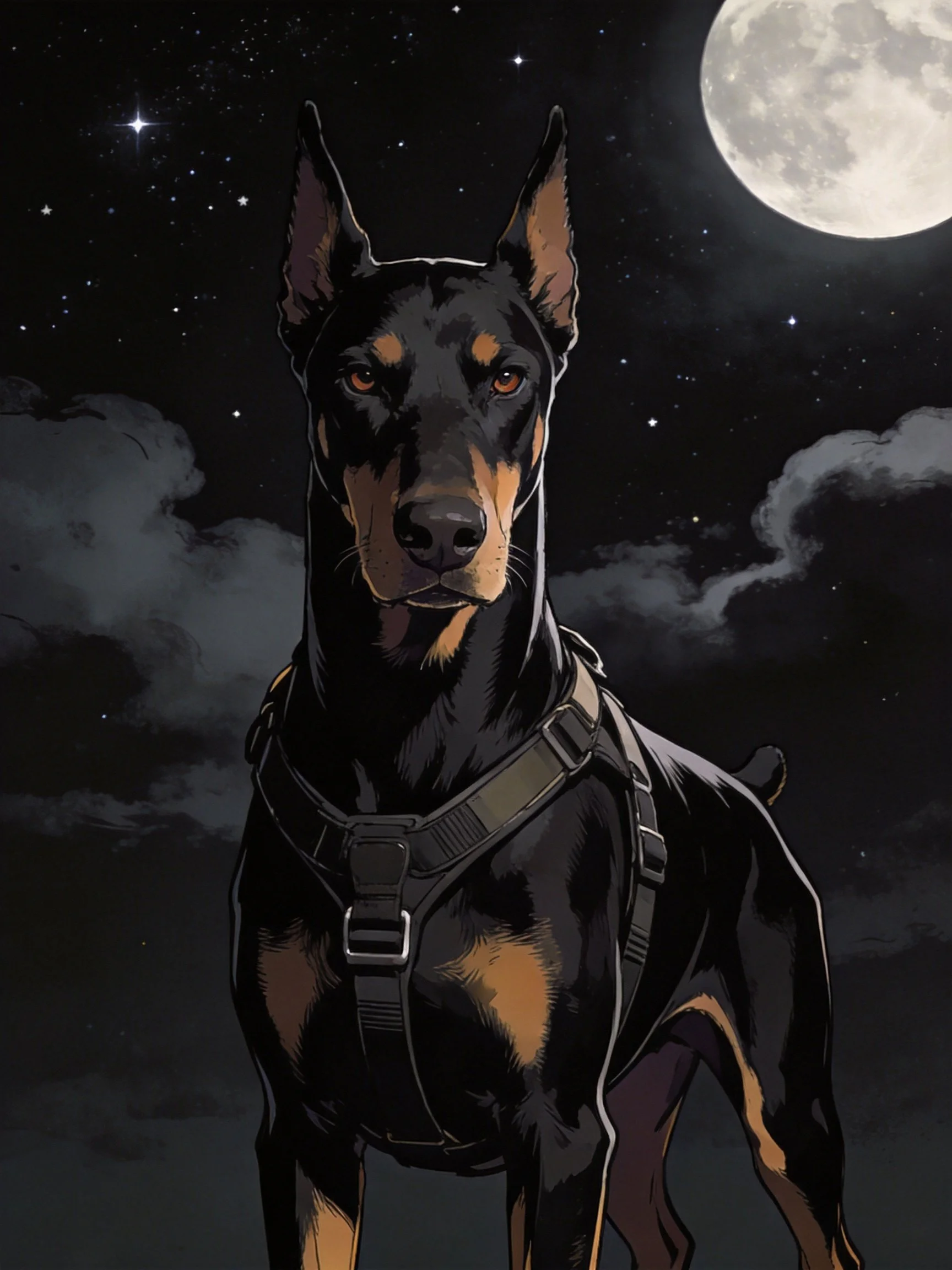 A Doberman in a harness stands beneath a moonlit night sky with stars