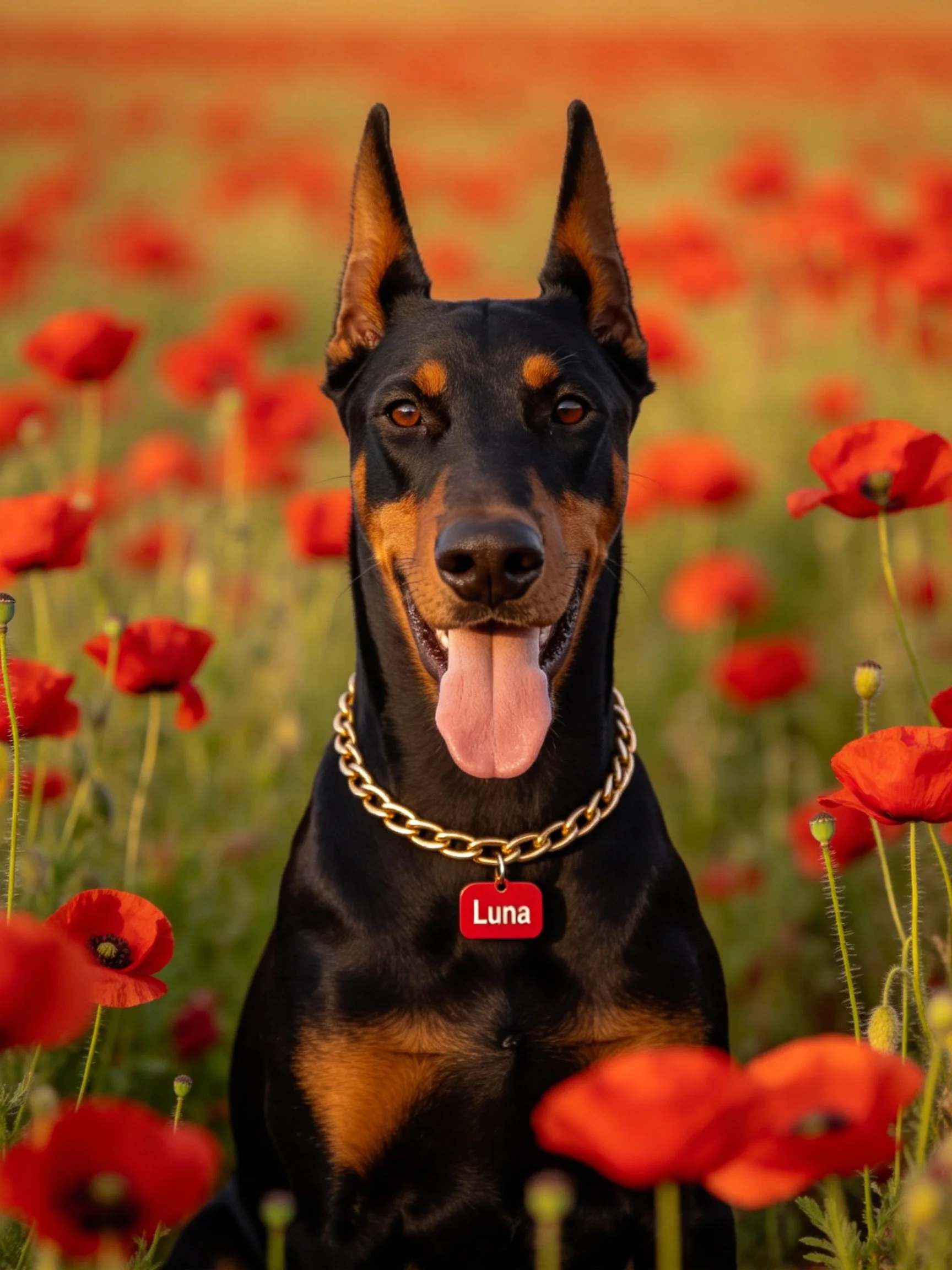 A Doberman named Luna in a field of red poppies