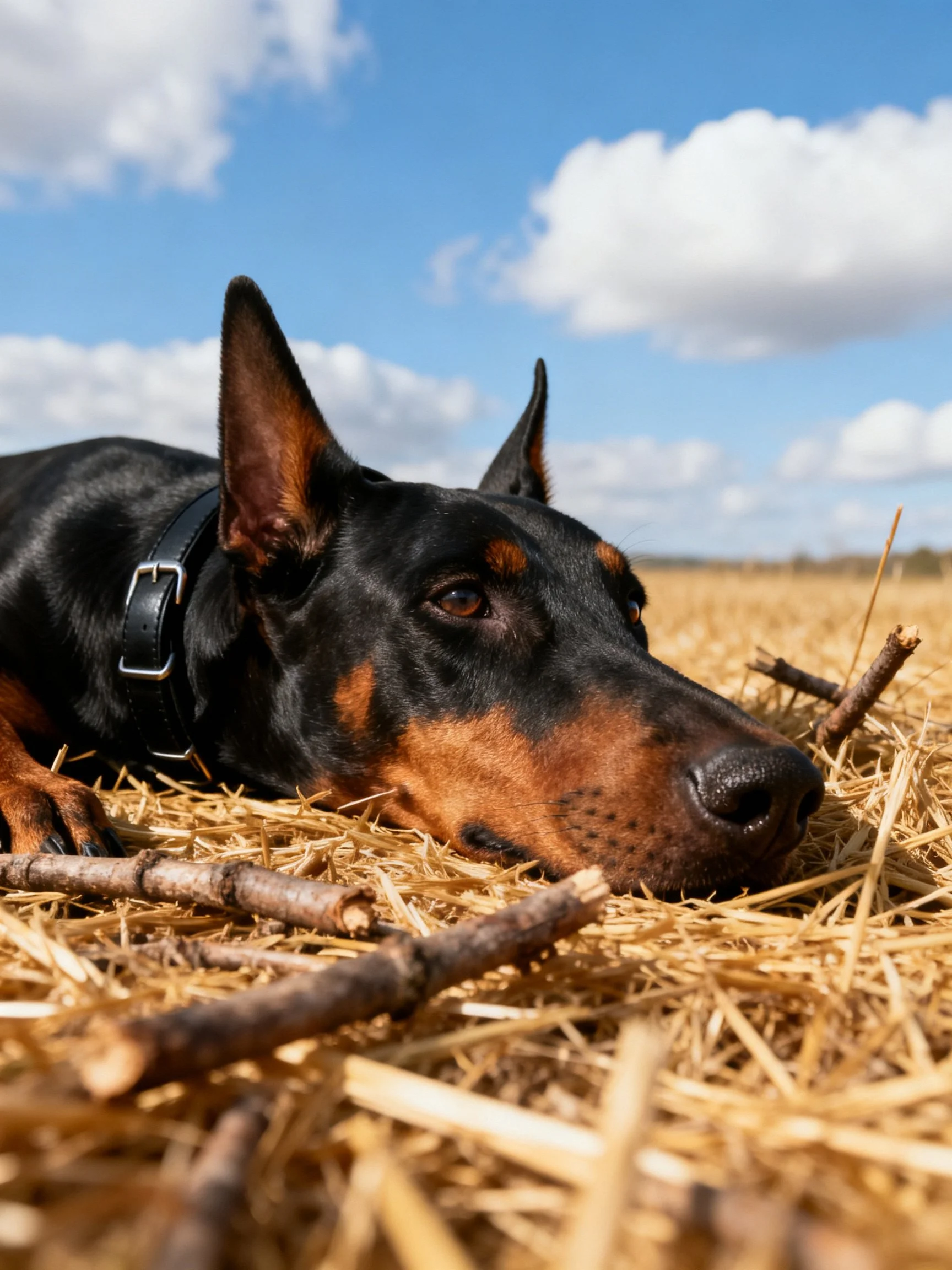 A Doberman relaxes among straw and twigs under a sunny sky.
